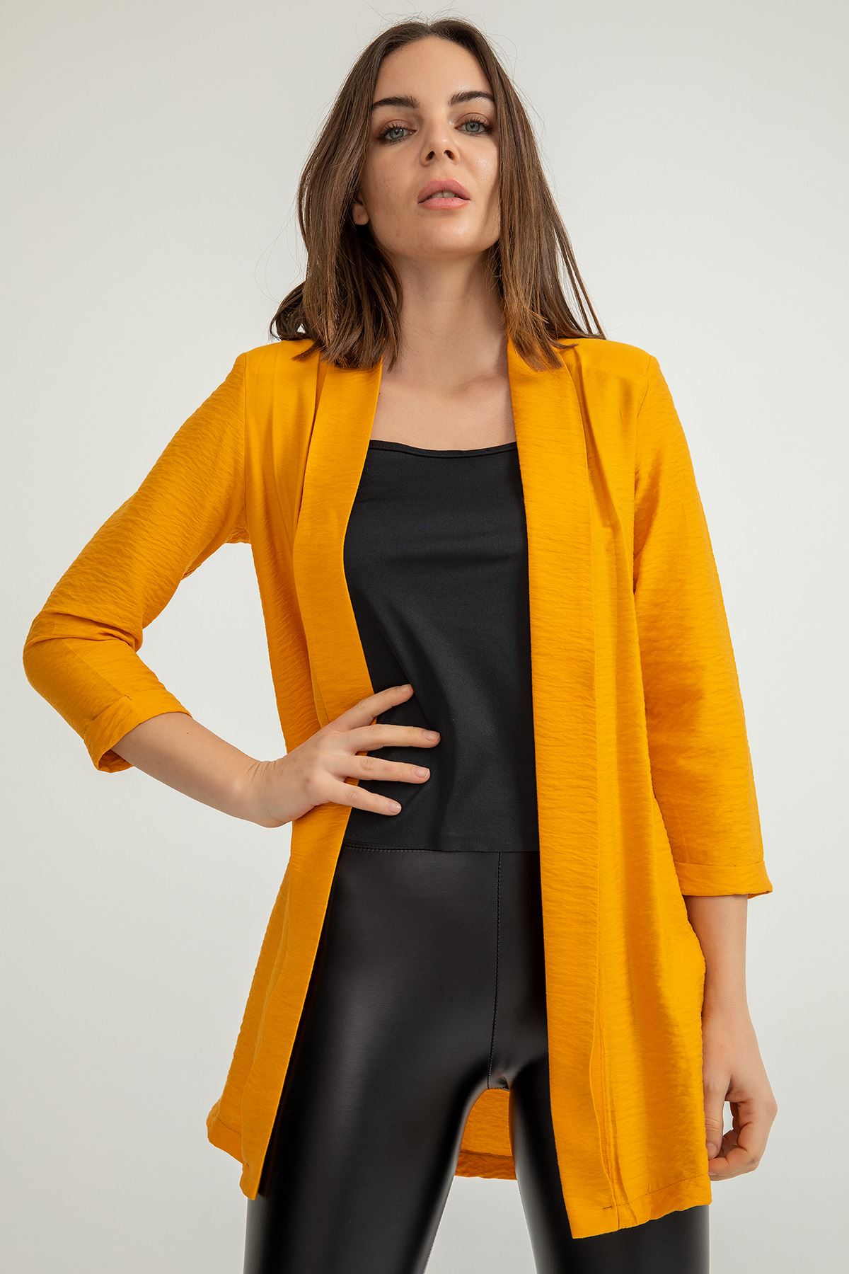 Aerobin Fabric Long Sleeve Shawl Collar Below Hip Comfy Women Jacket - Mustard