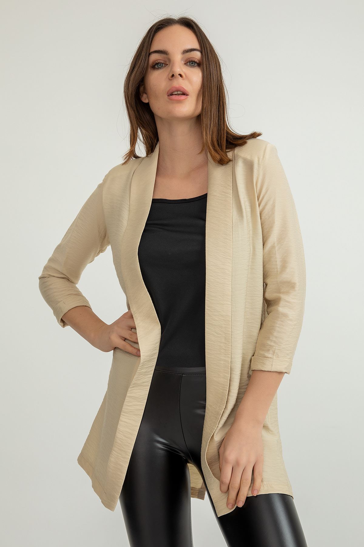 Aerobin Fabric Long Sleeve Shawl Collar Below Hip Comfy Women Jacket - Stone