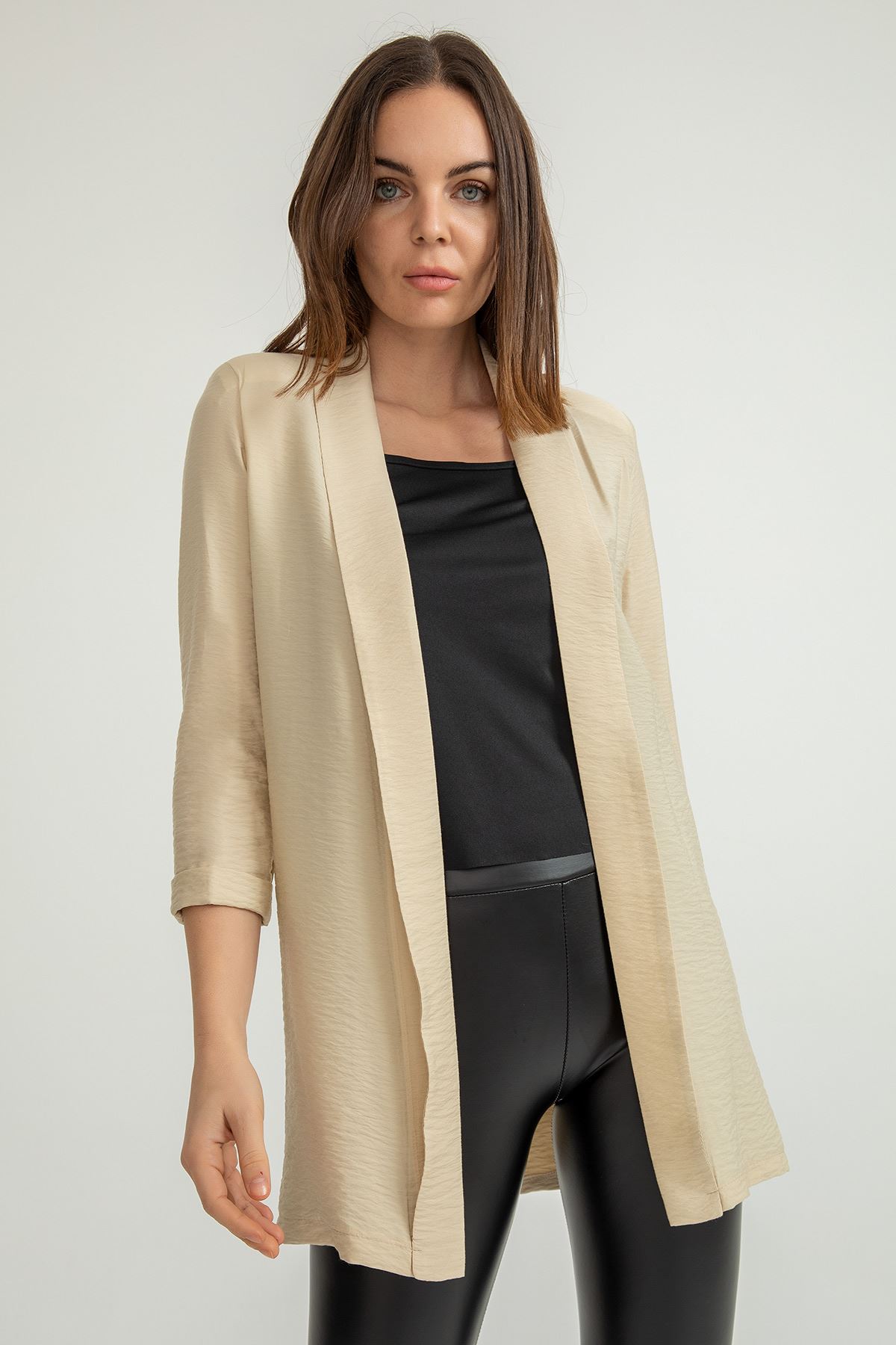 Aerobin Fabric Long Sleeve Shawl Collar Below Hip Comfy Women Jacket - Stone