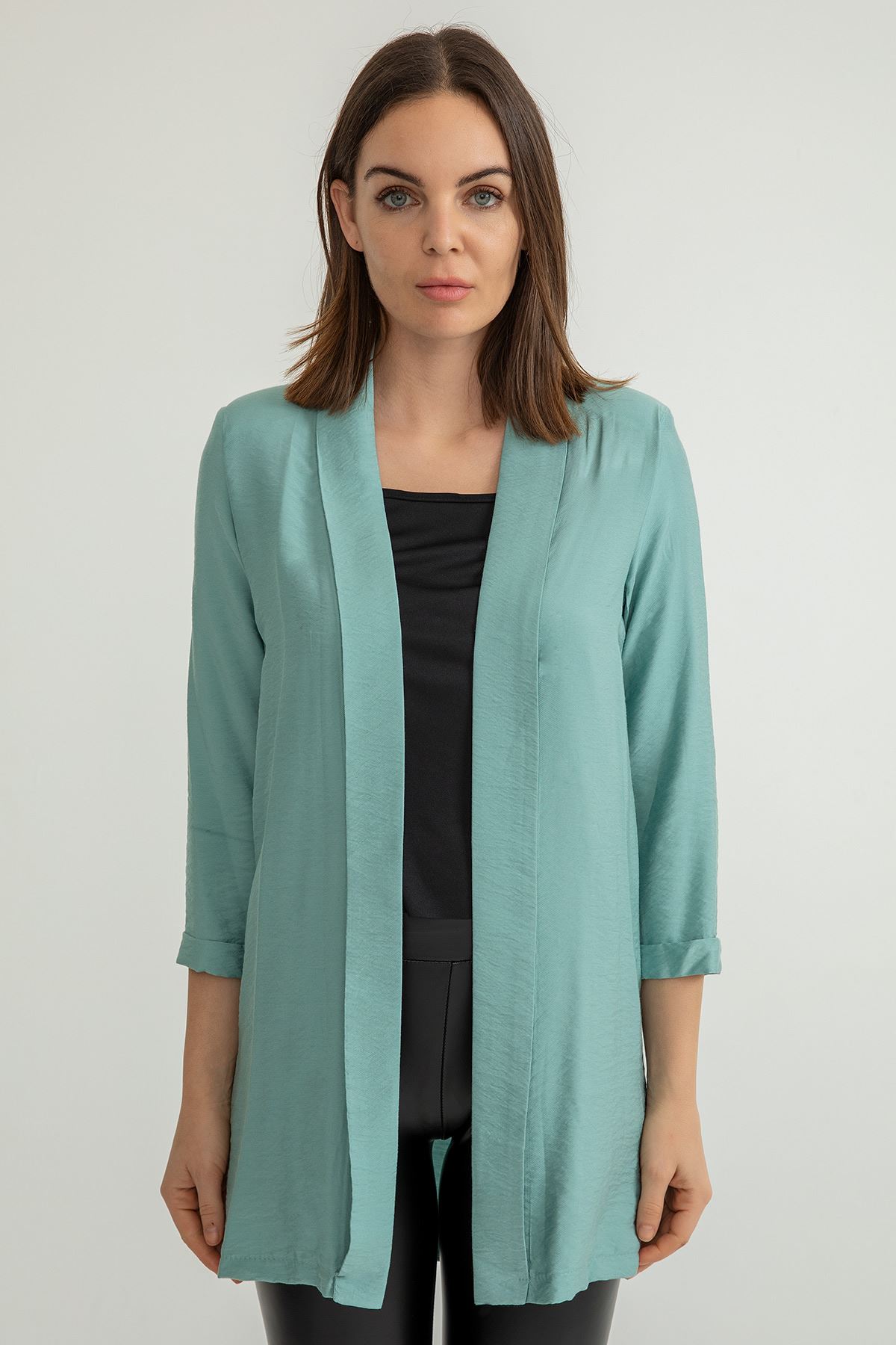 Aerobin Fabric Long Sleeve Shawl Collar Below Hip Comfy Women Jacket - Mint