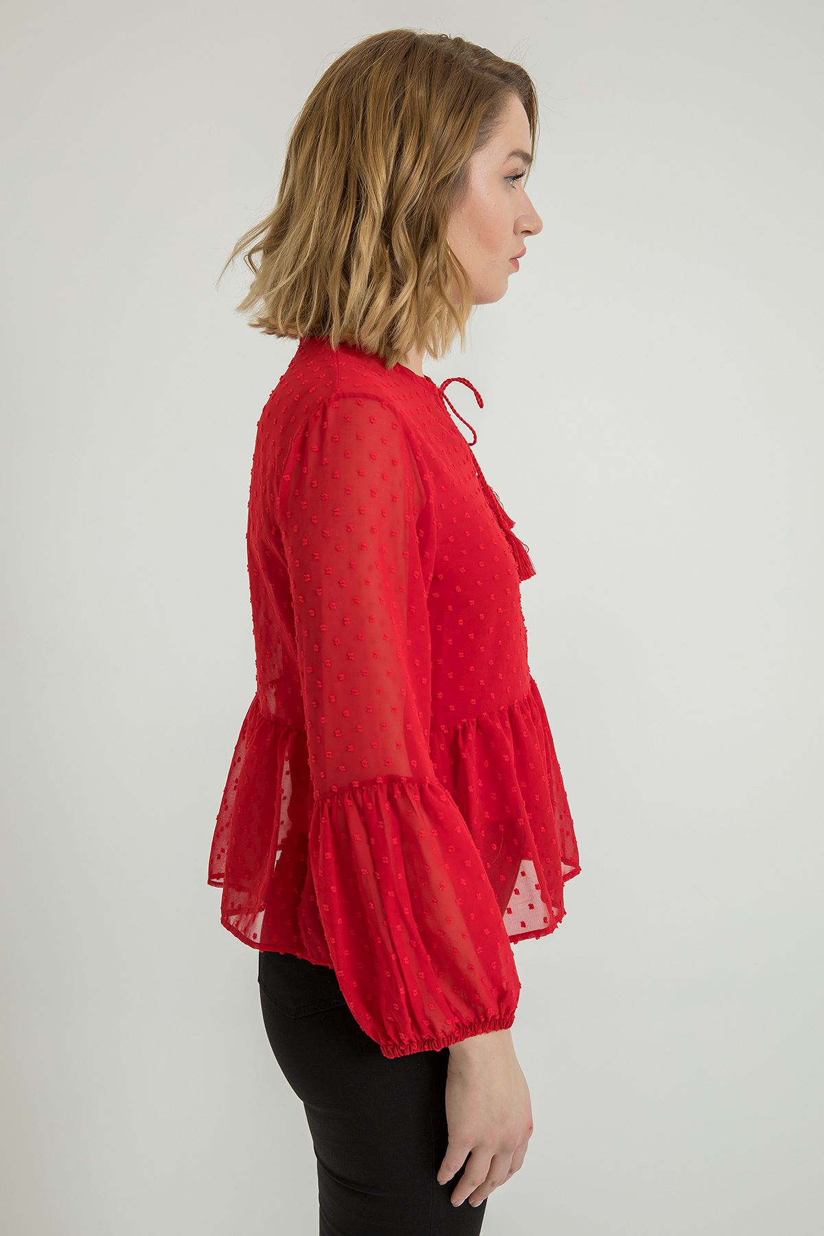 Kesme Şifon Kumaş Uzun Kol Bağlamalı Yaka Kadın Bluz-Kırmızı