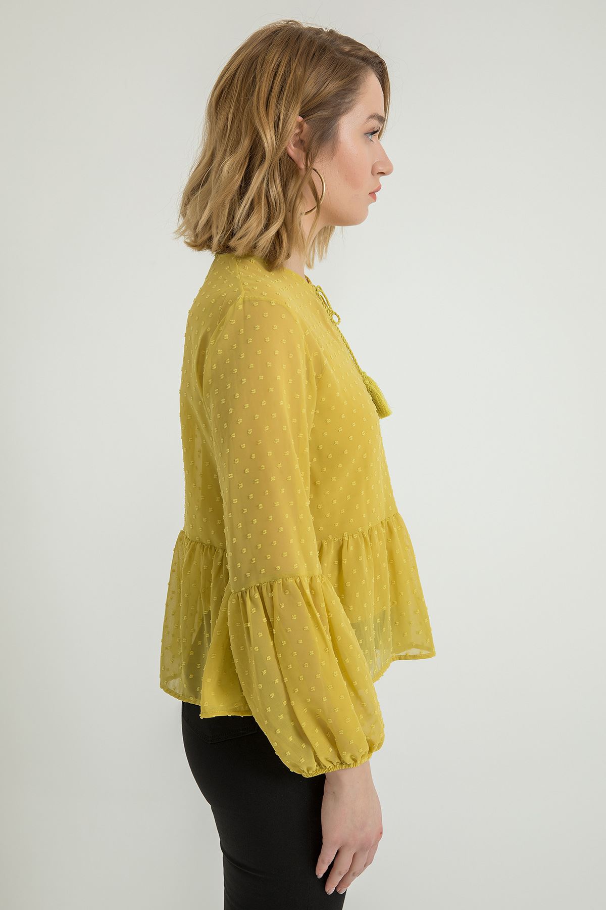 Kesme Şifon Kumaş Uzun Kol Bağlamalı Yaka Kadın Bluz-Sarı