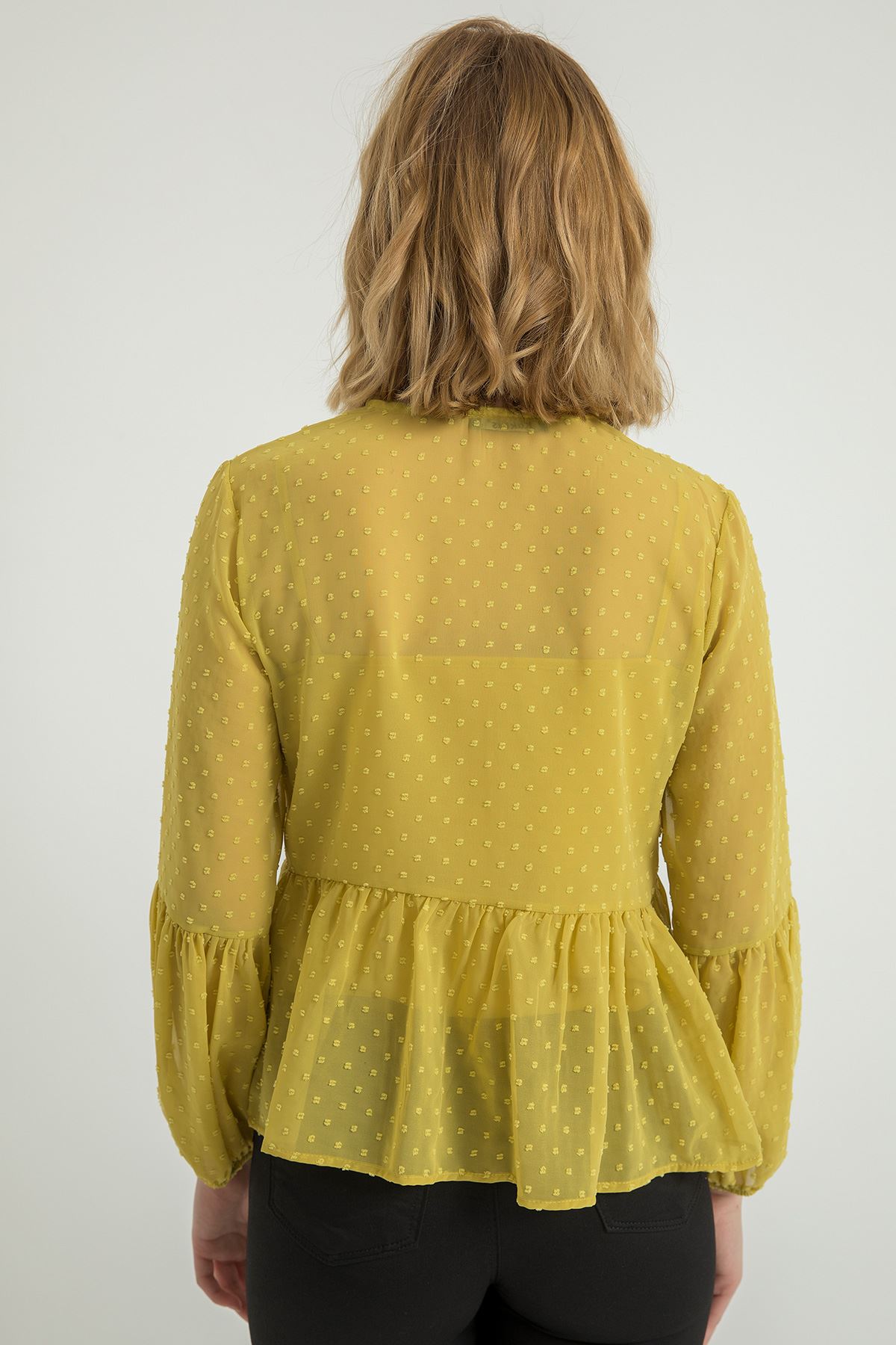 Kesme Şifon Kumaş Uzun Kol Bağlamalı Yaka Kadın Bluz-Sarı