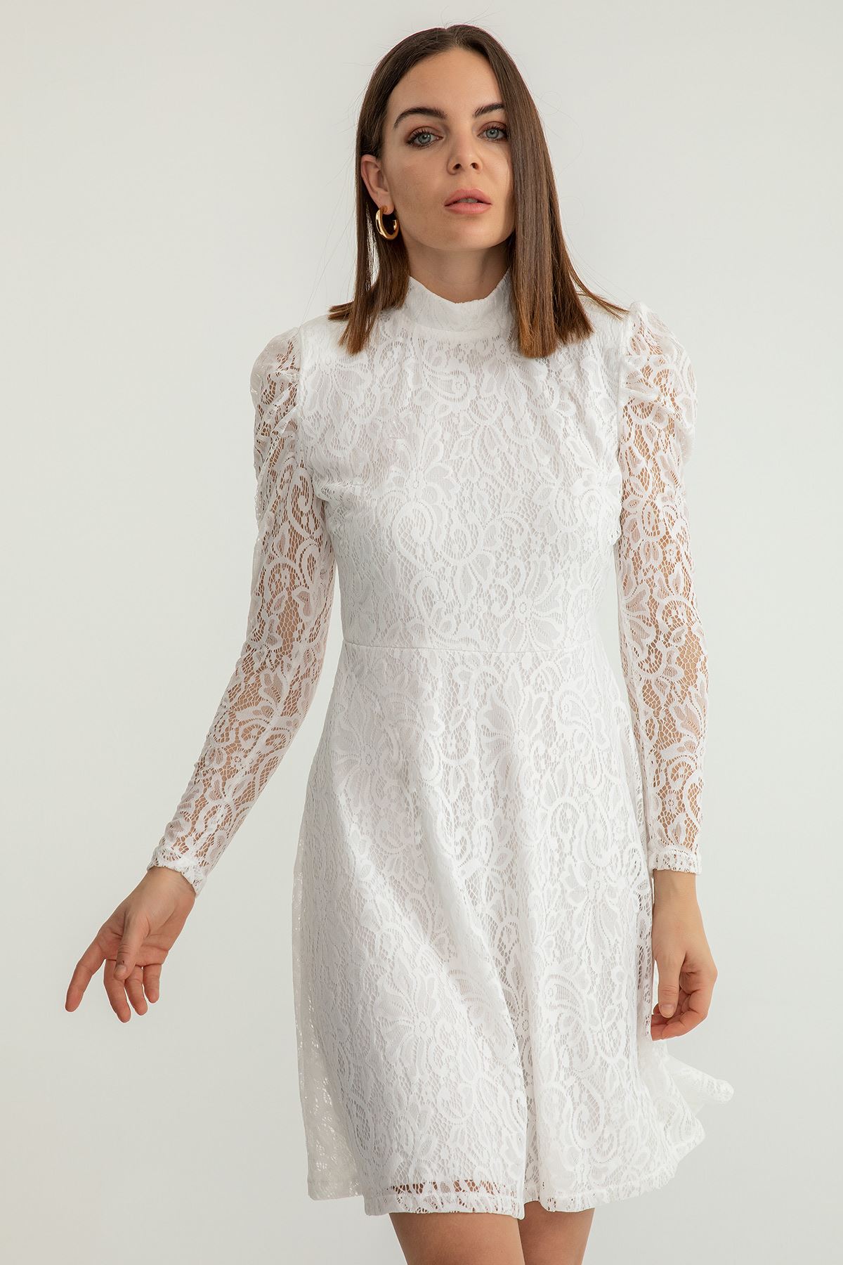 Лайкра ткань длинный рукав СТОЙКА ВОРОТНИК кружевное женское платье - Белый