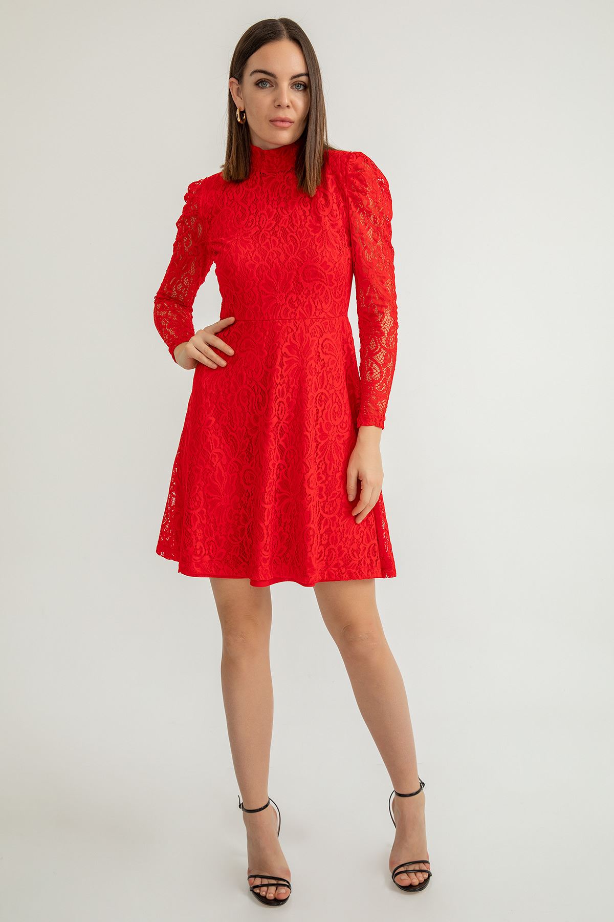 Lycra Fabric Ruffled Collar Lace Lined Above Knee Women Dress - Red