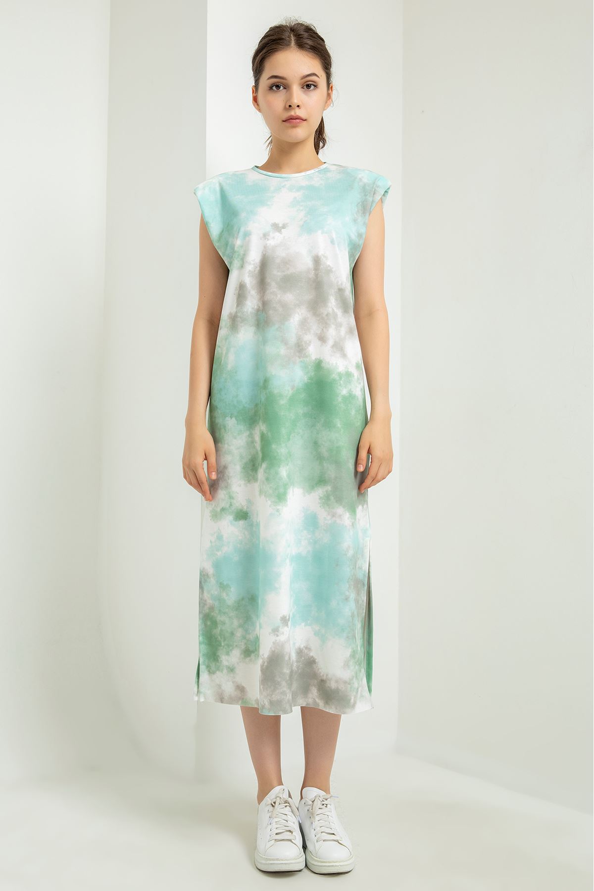 Трикотажная ткань облачный принтженское платье с подплечниками - Зелёный