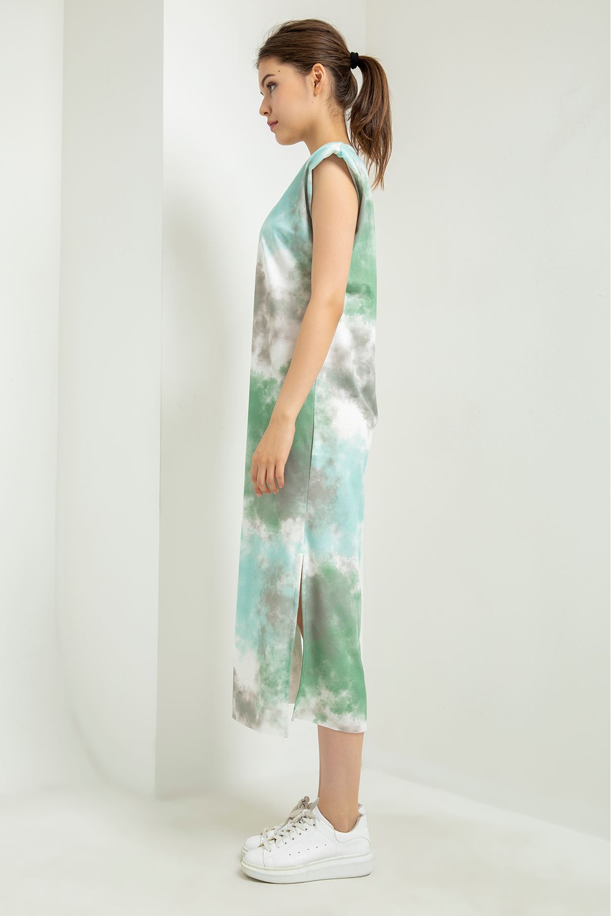 Knit Fabric Sleeveless Midi Loose Fit Cloud Print Stuffing Women Dress - Green