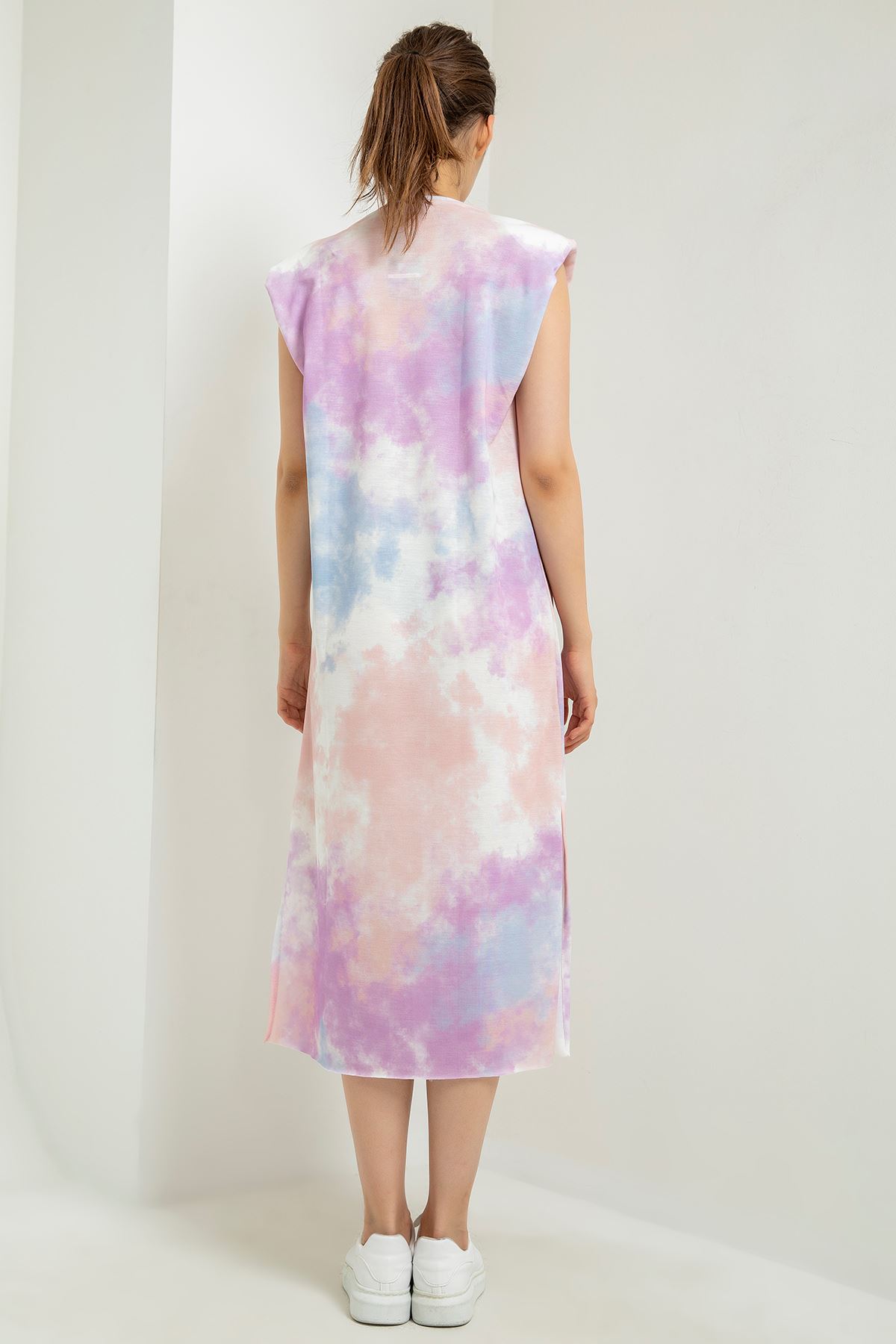 Трикотажная ткань облачный принтженское платье с подплечниками - Лиловый