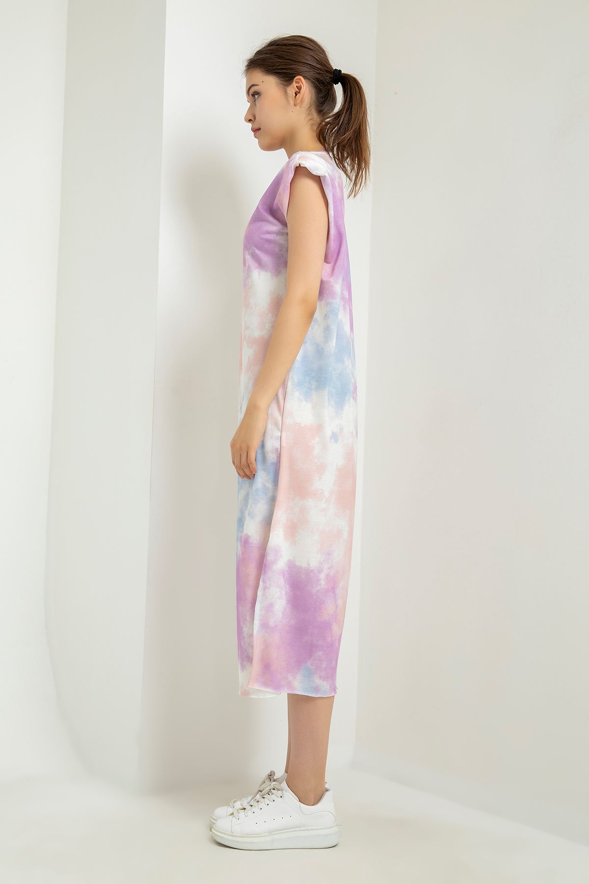 Knit Fabric Sleeveless Midi Loose Fit Cloud Print Stuffing Women Dress - Lilac