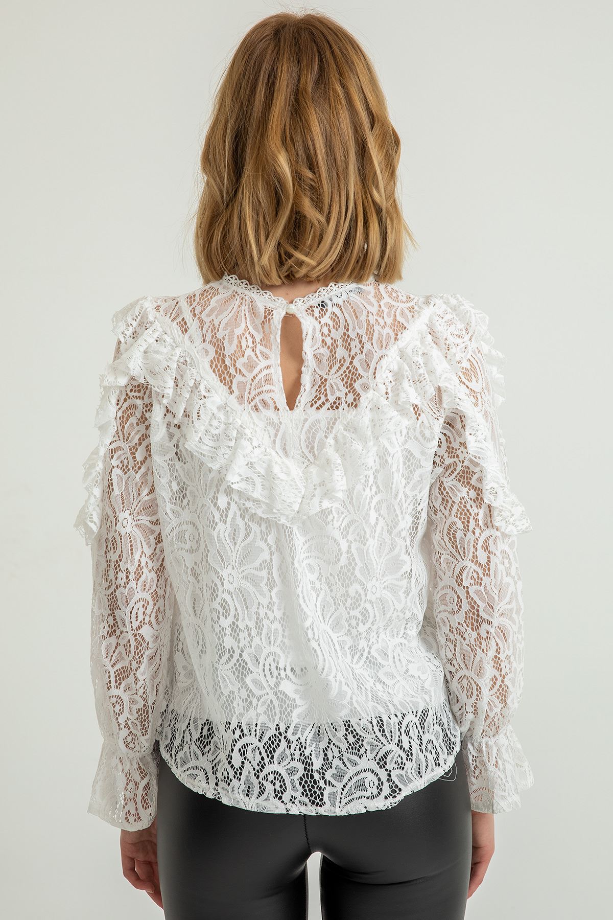 Лайкра ткань с круглым вырезом Женская блузка с воланами - Белый