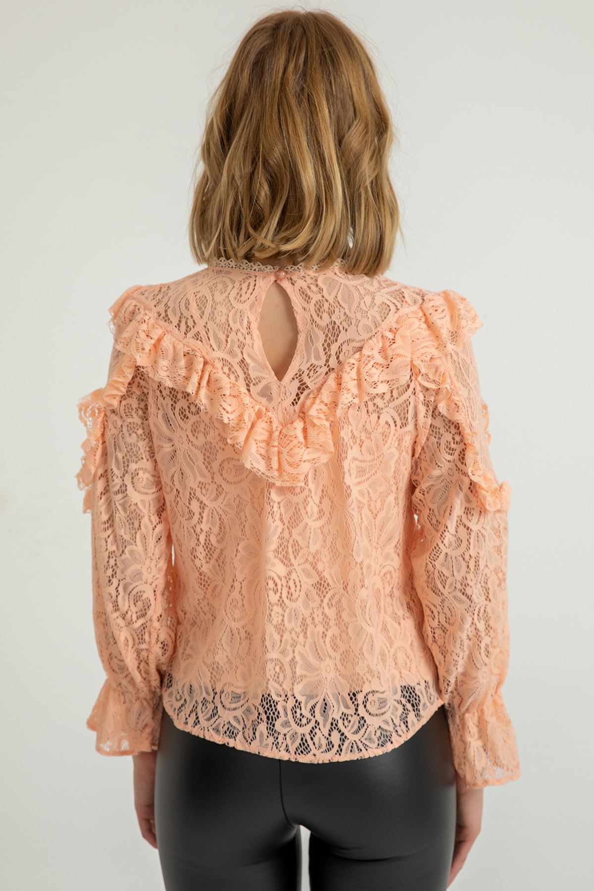 Лайкра ткань с круглым вырезом Женская блузка с воланами - Светло розовый