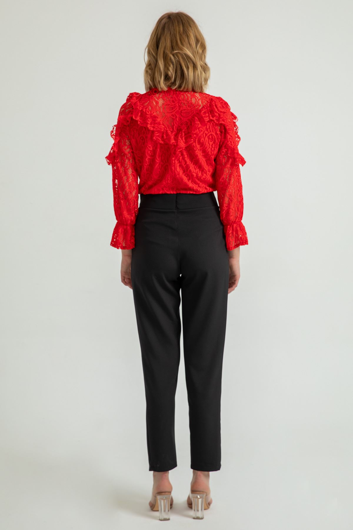Кружевная ткань с круглым вырезом Женская блузка воланами - Kрасный