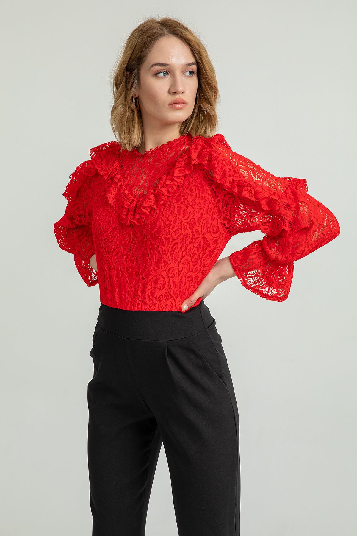Кружевная ткань с круглым вырезом Женская блузка воланами - Kрасный