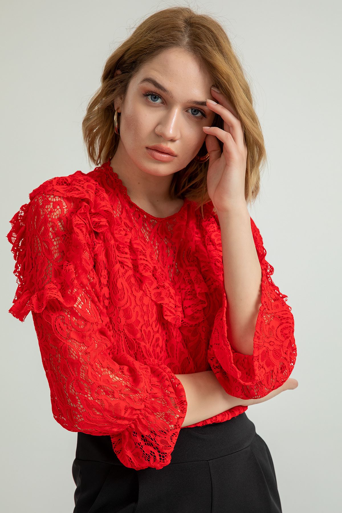 Lace Fabric Long Sleeve Bicycle Collar Long Ruffled Lacewomen Overalls - Red