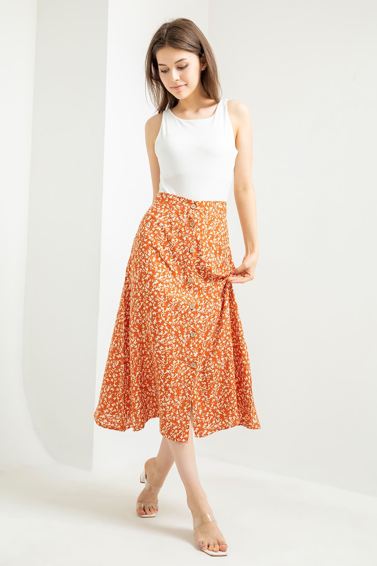Viscose Fabric Straight Crispy Floral Print Women'S Skirt - Orange