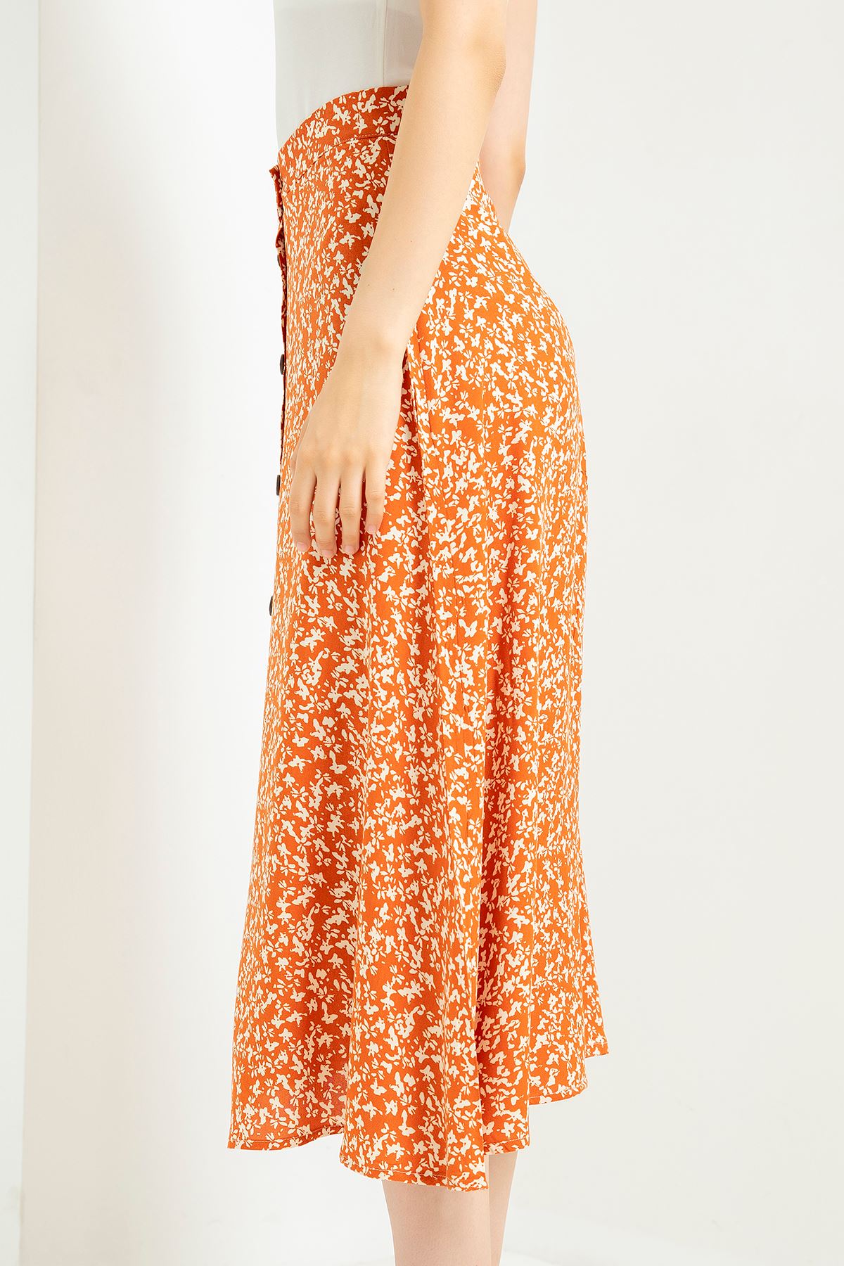 Viscose Fabric Straight Crispy Floral Print Women'S Skirt - Orange