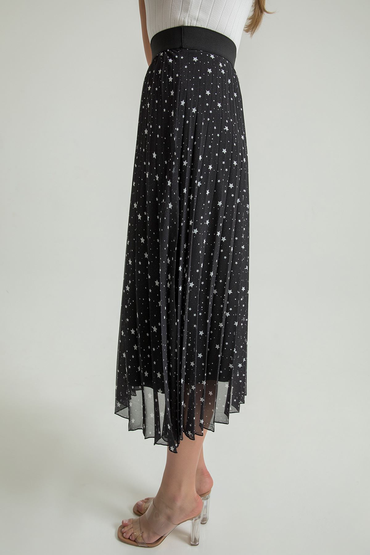 Chiffon Fabric Midi Comfy Fit Star Print Women'S Skirt - Black