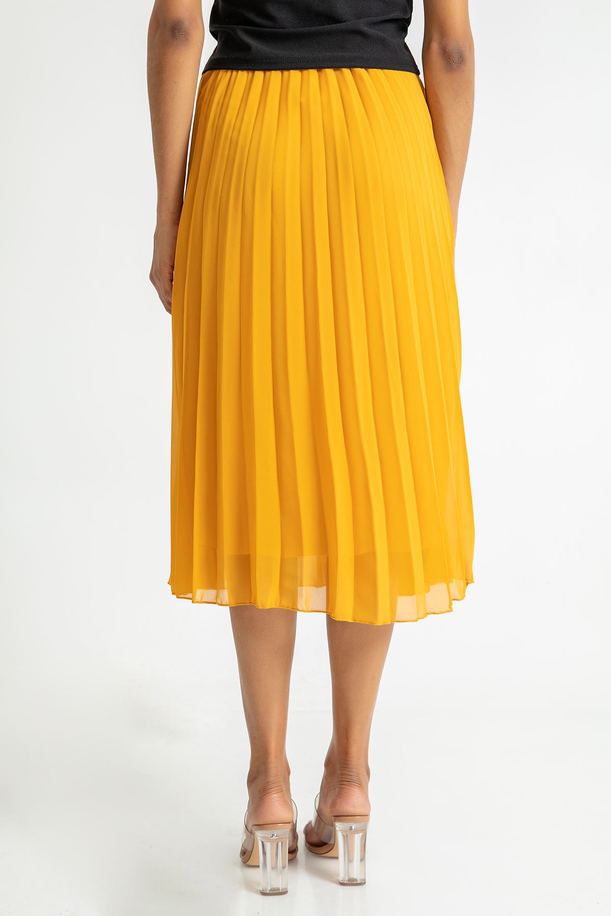 Chiffon Fabric Midi Comfy Fit Pleated Women'S Skirt - Mustard