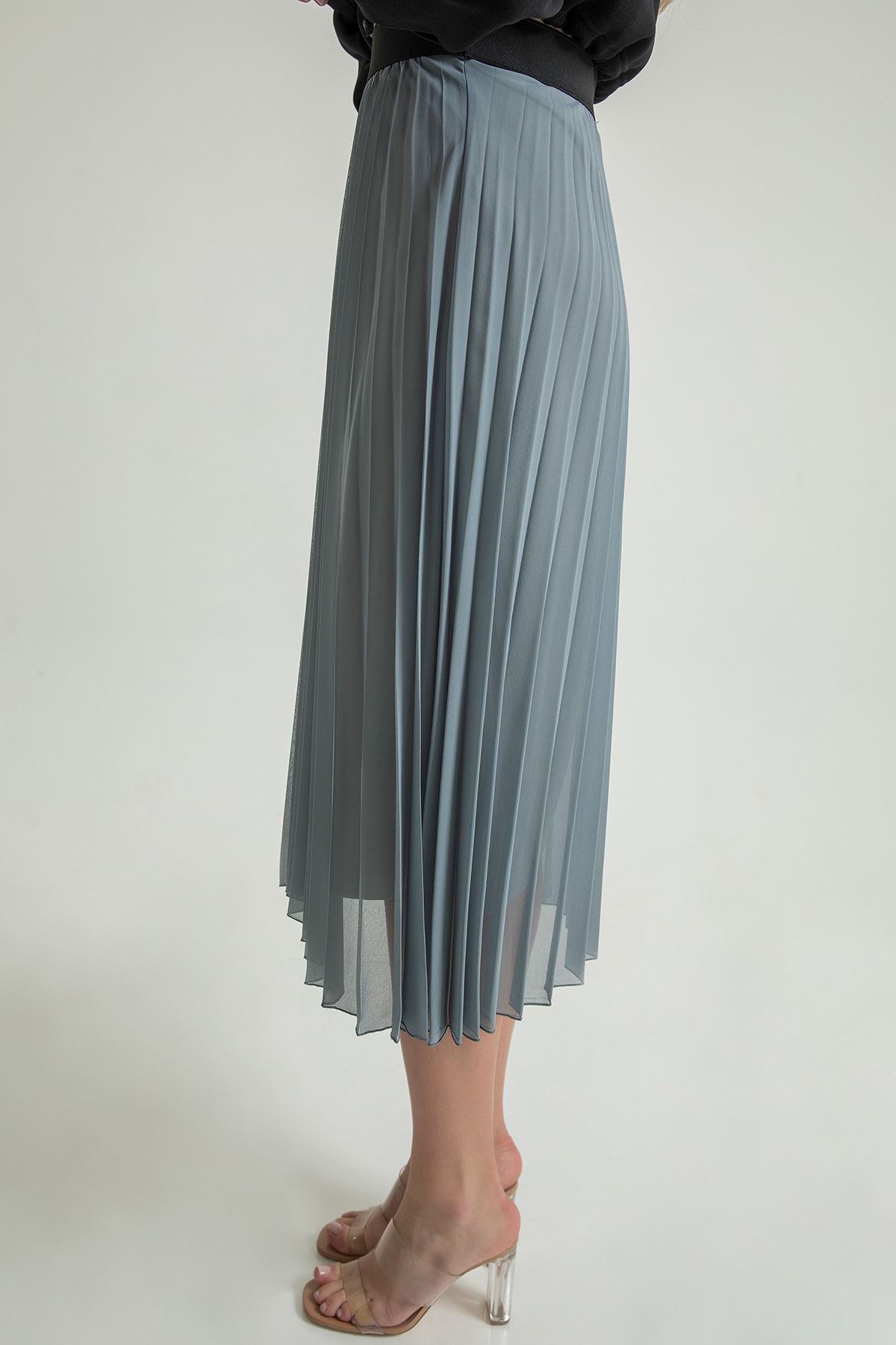 Chiffon Fabric Midi Comfy Fit Pleated Women'S Skirt - Grey