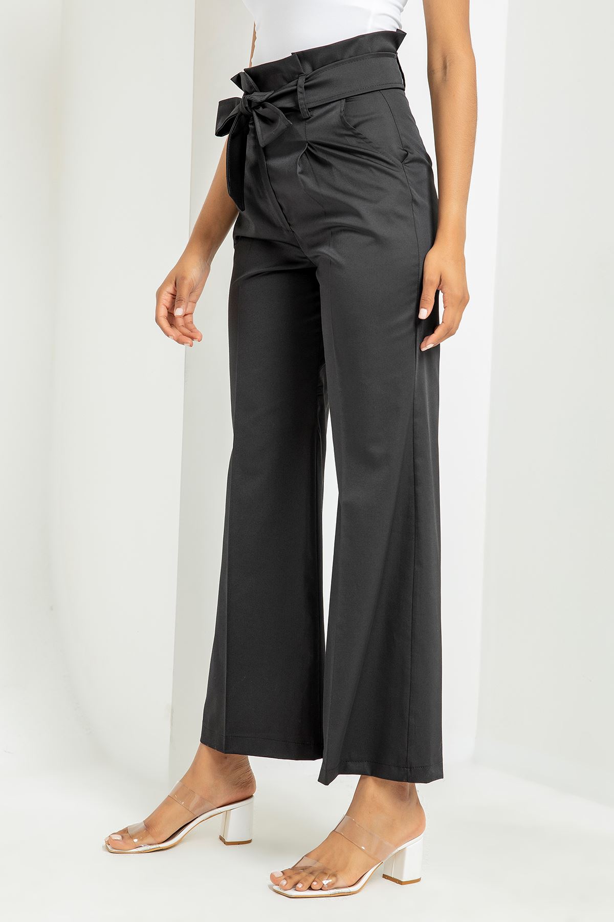 Aerobin Fabric Short Sleeve Ruffled Collar Comfy Fit Women Dress - Black