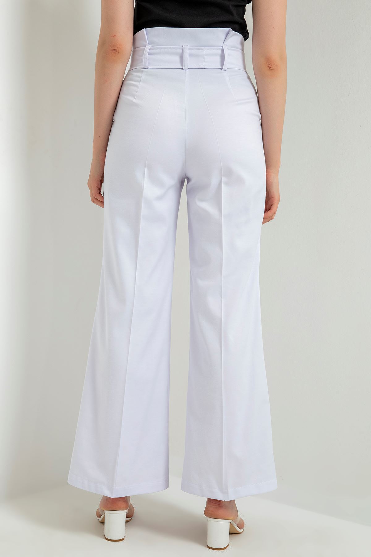 Erica Kumaş Kumaş Beli Kuşaklı İspanyol Paça Kadın Pantolon-Beyaz