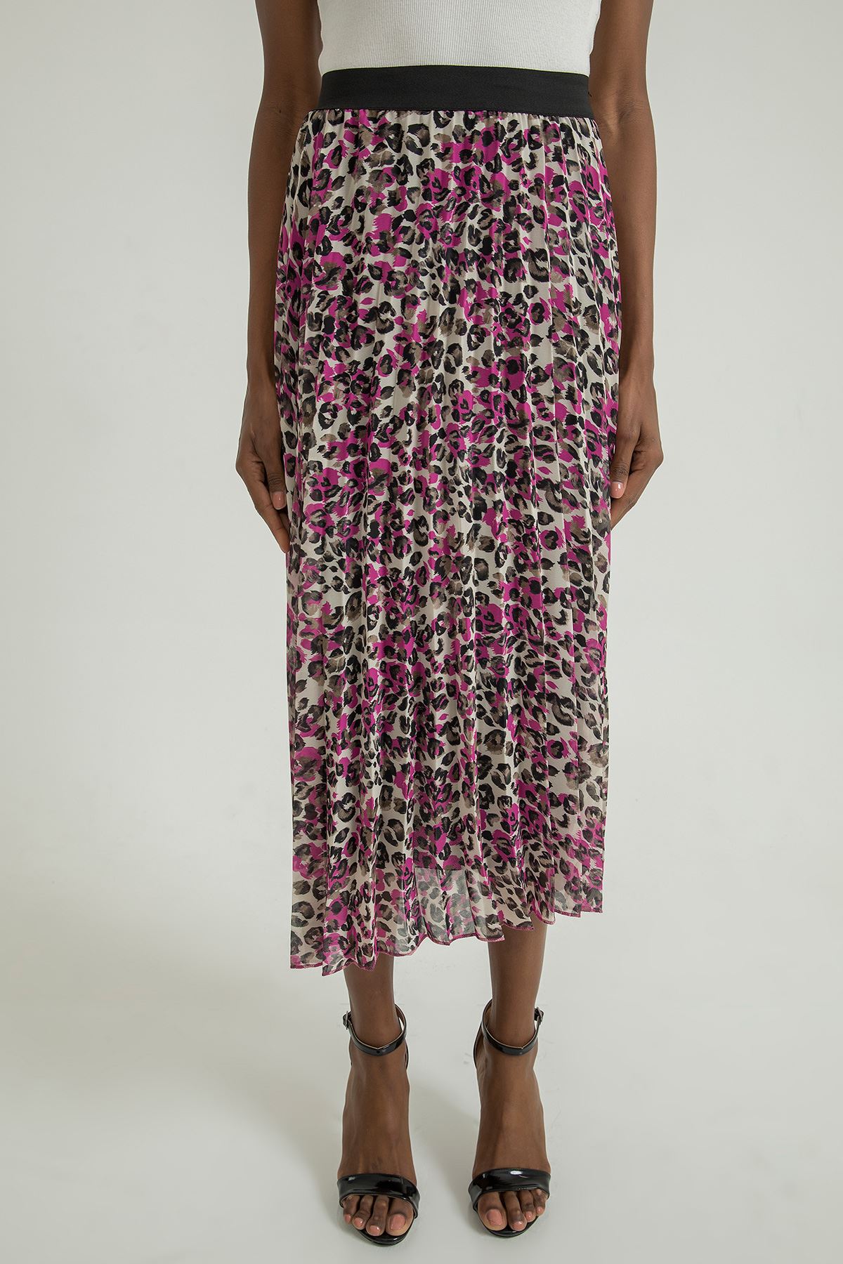 Chiffon Fabric Midi Comfy Fit Leopard Print Pleated Women'S Skirt - Fuchıa