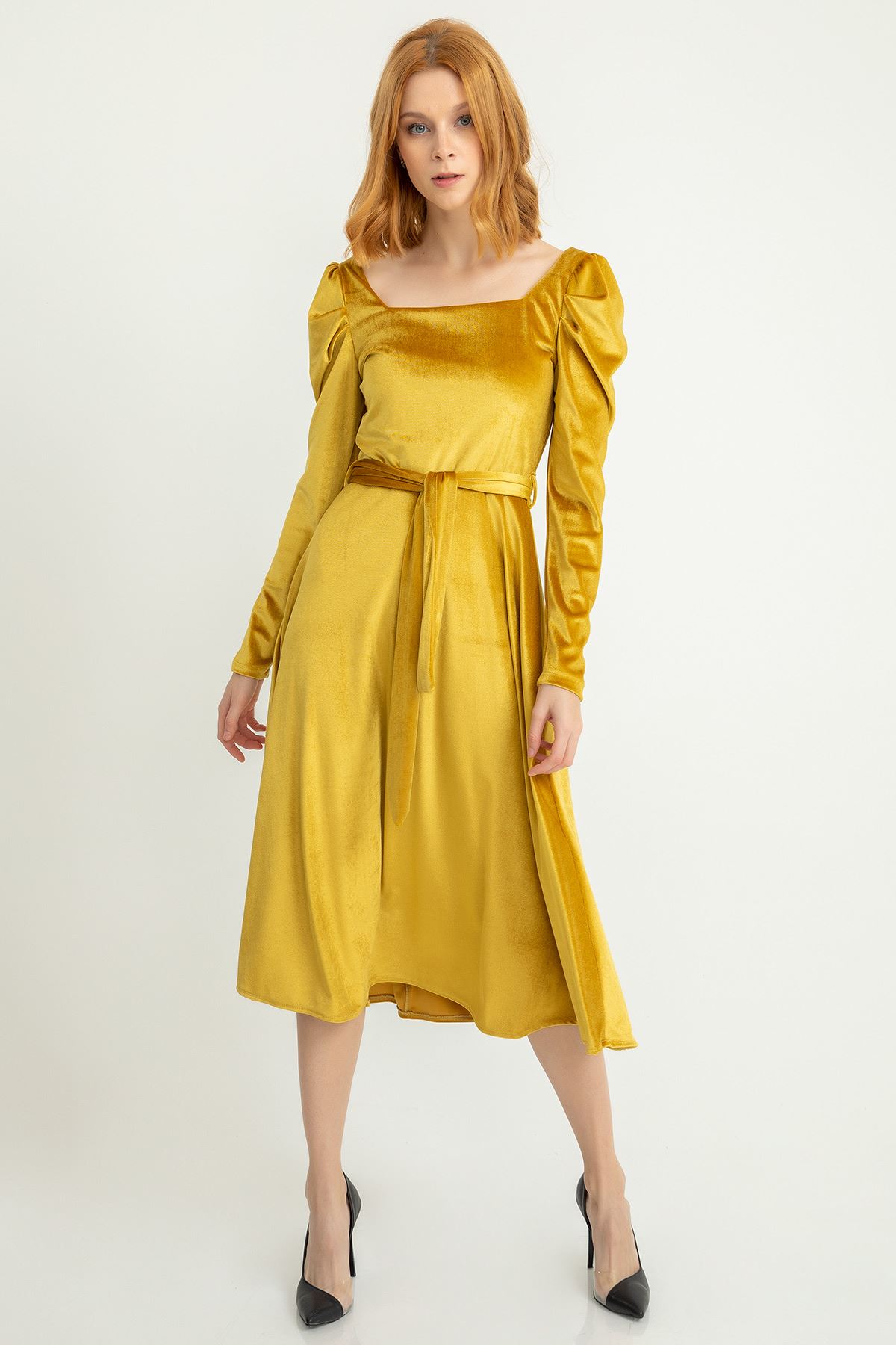 Velvet Fabric Square Collar Watermlon Sleeve Belted Women Dress - Mustard