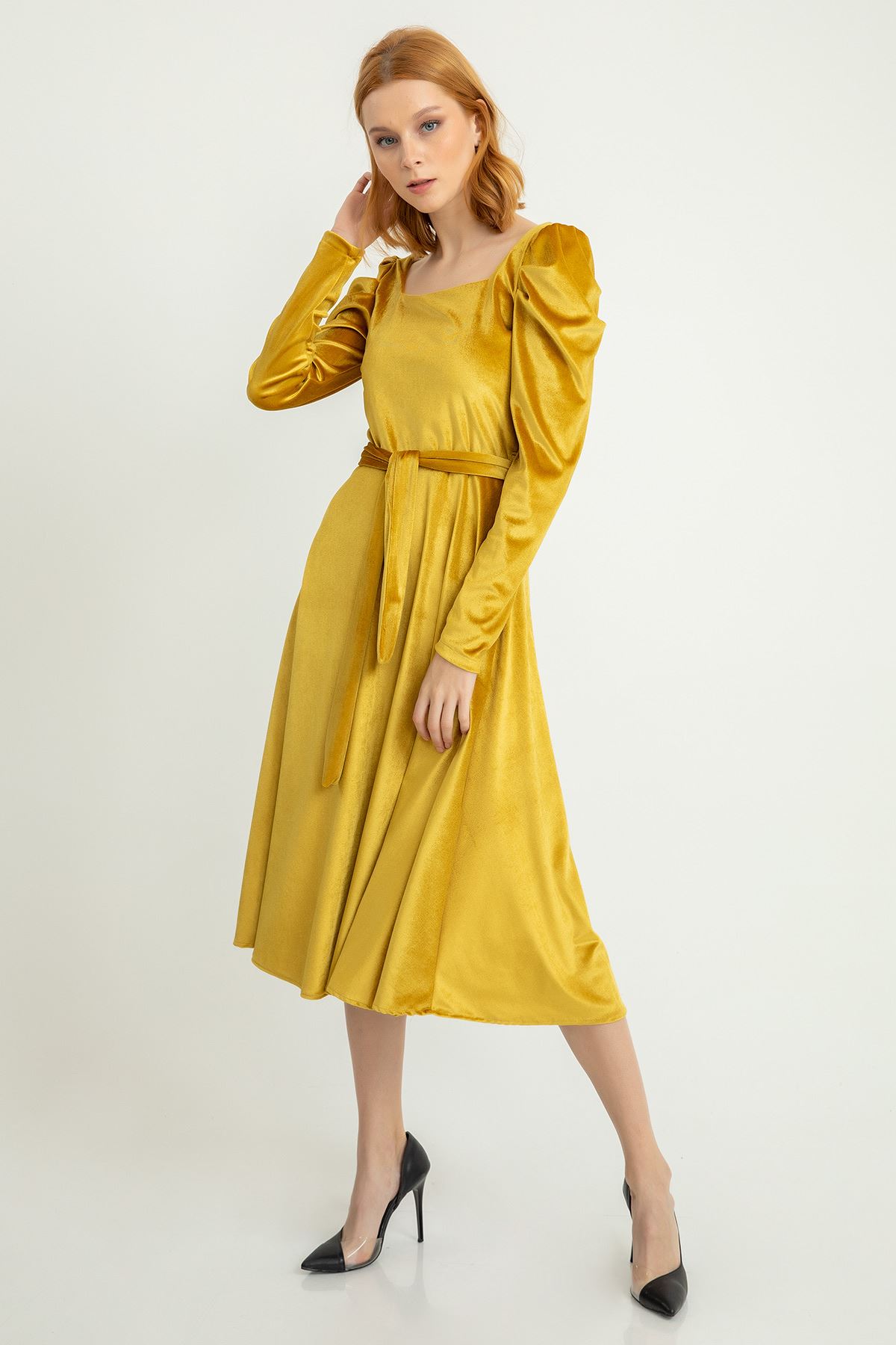 Velvet Fabric Square Collar Watermlon Sleeve Belted Women Dress - Mustard