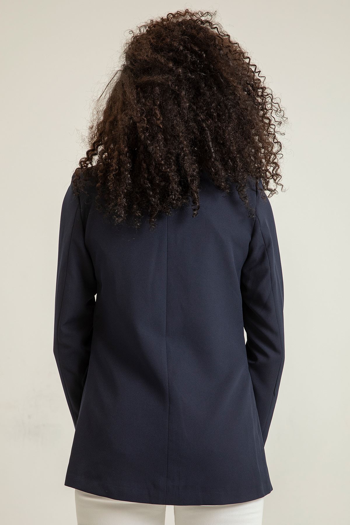 атласный ткань длинный рукав шалевый воротник женский пиджак - Темно синий
