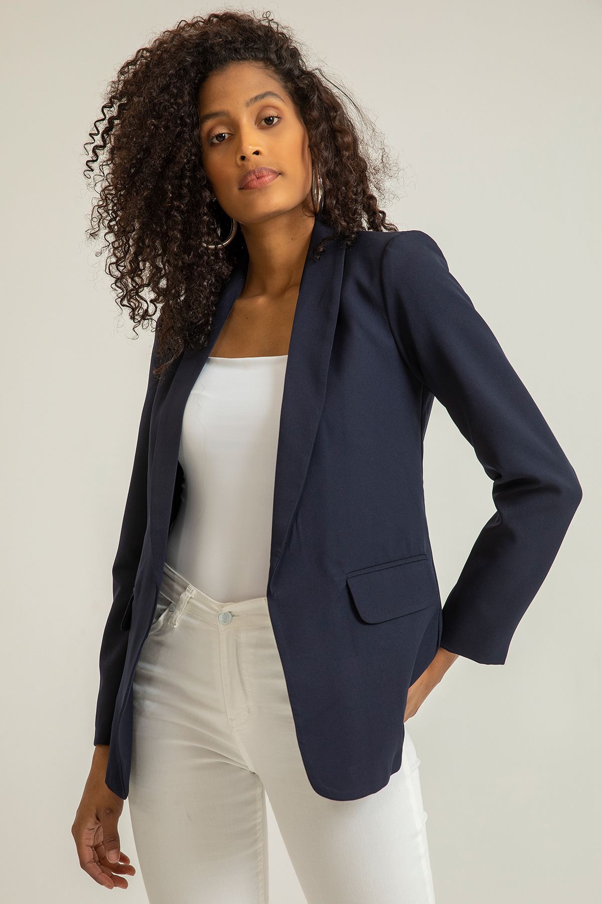 Atlas Fabric Long Sleeve Shawl Collar Below Hip Classical Women Jacket - Navy Blue 