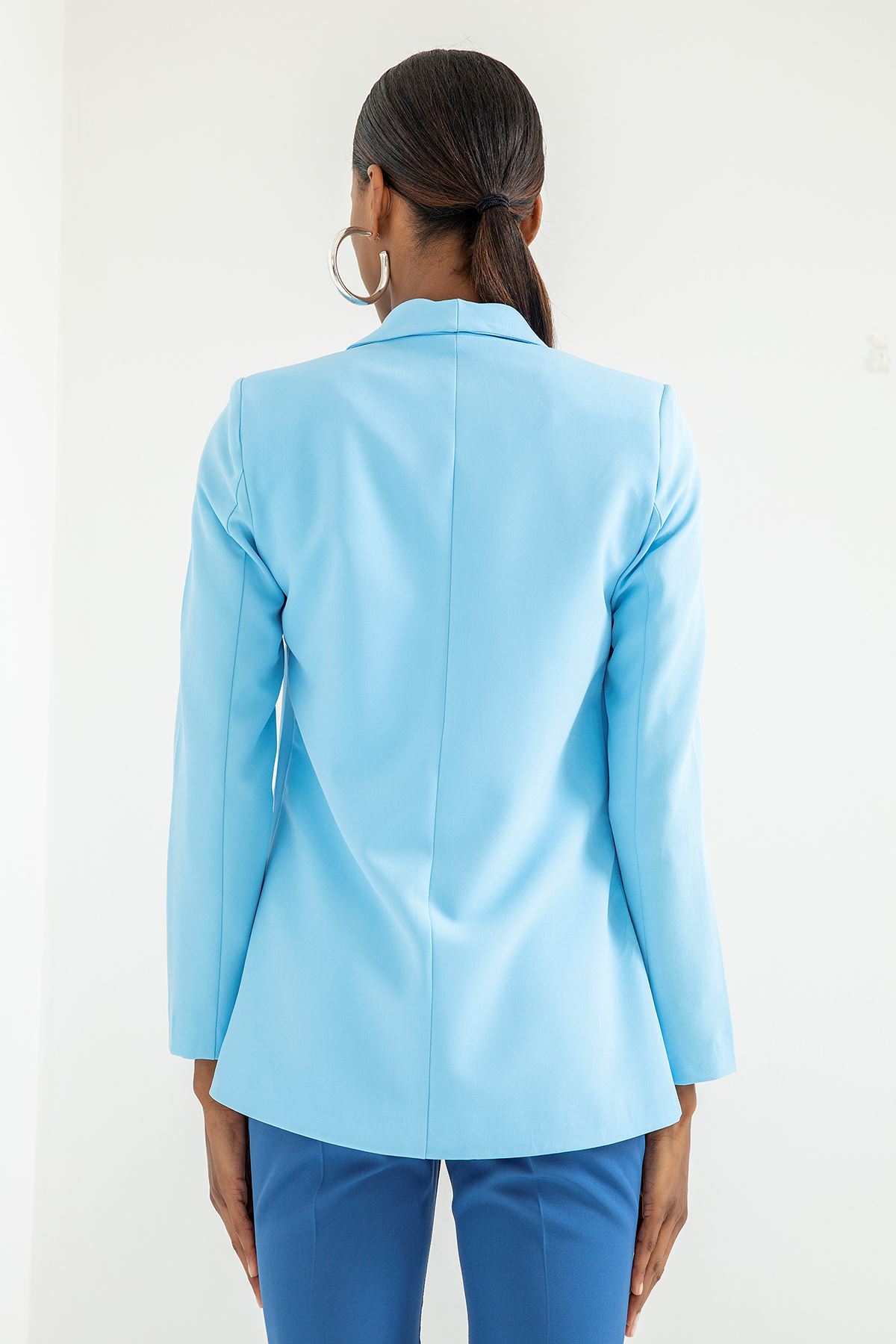 атласный ткань длинный рукав шалевый воротник женский пиджак - Голубой