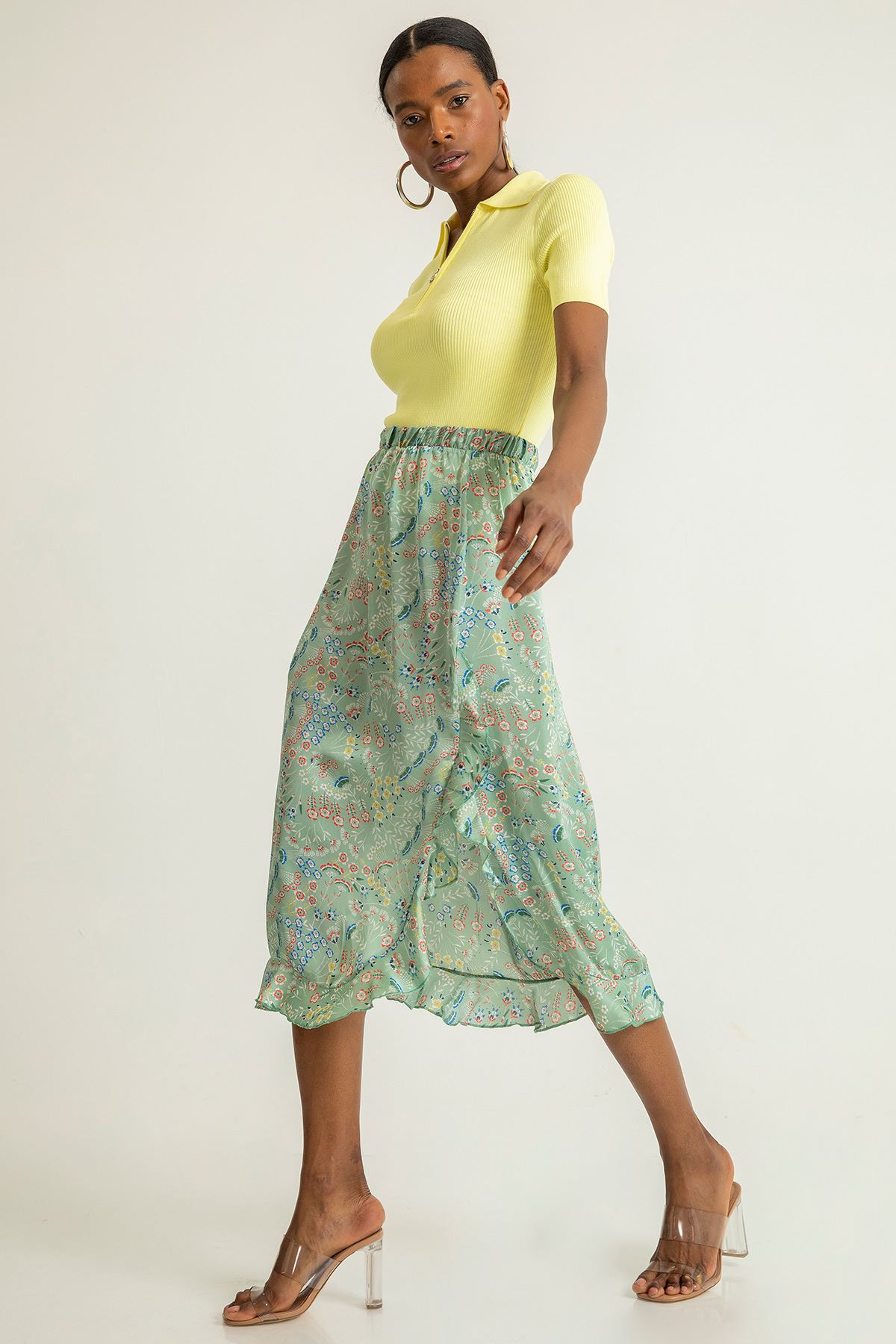 Chiffon Fabric Midi Comfy Fit Floral Print Flywheel Women'S Skirt - Mint