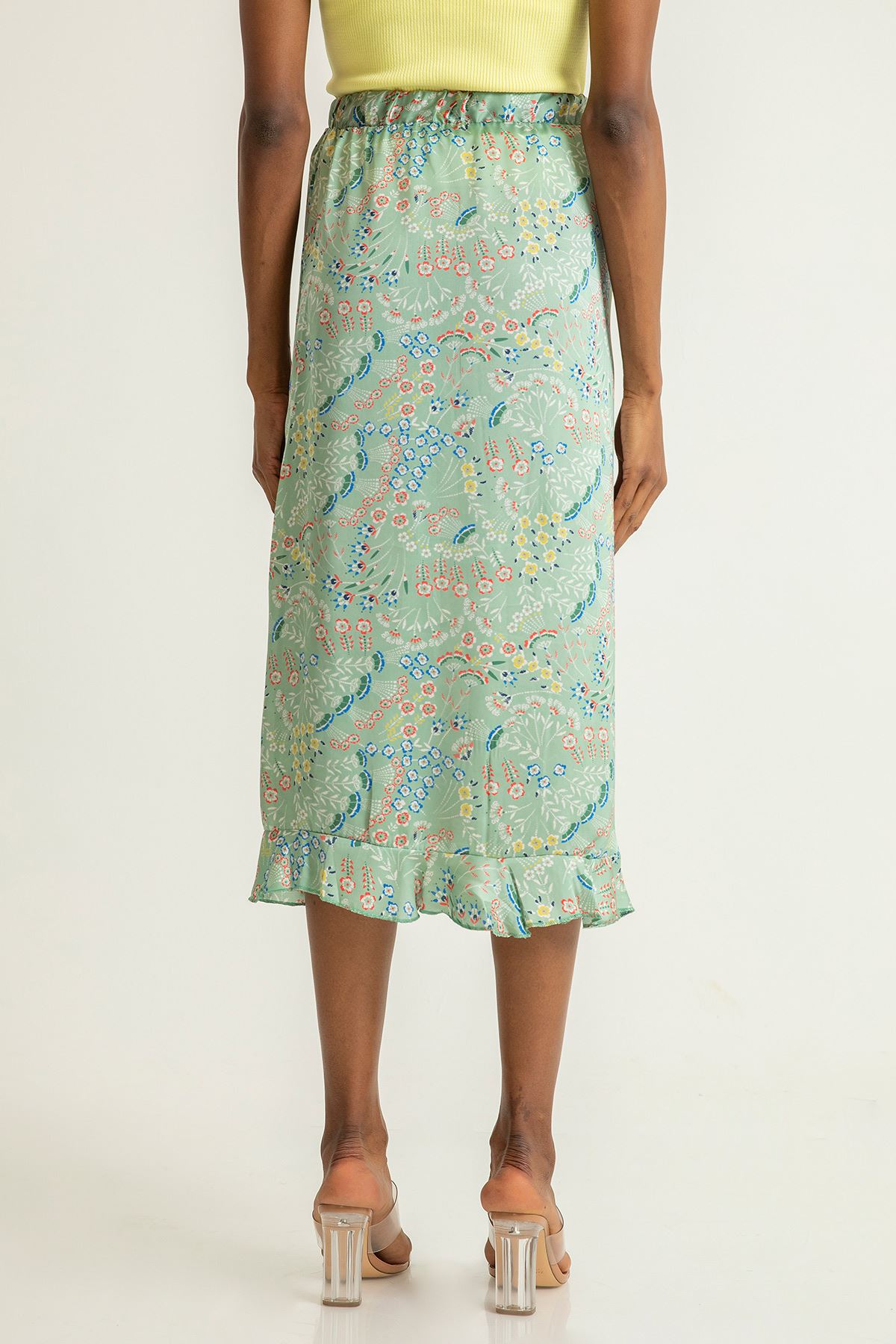 шифон ткань широкая цветочный принтЖенская юбка с воланами - Ментоловый