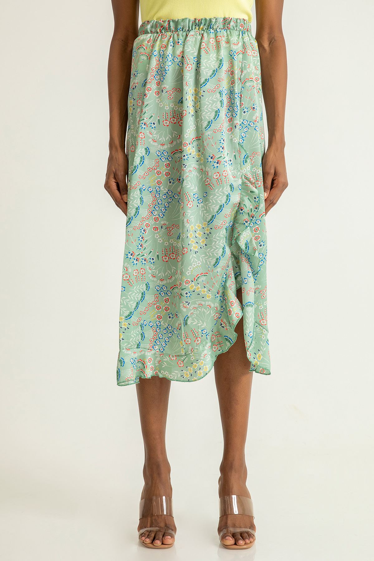 Chiffon Fabric Midi Comfy Fit Floral Print Flywheel Women'S Skirt - Mint