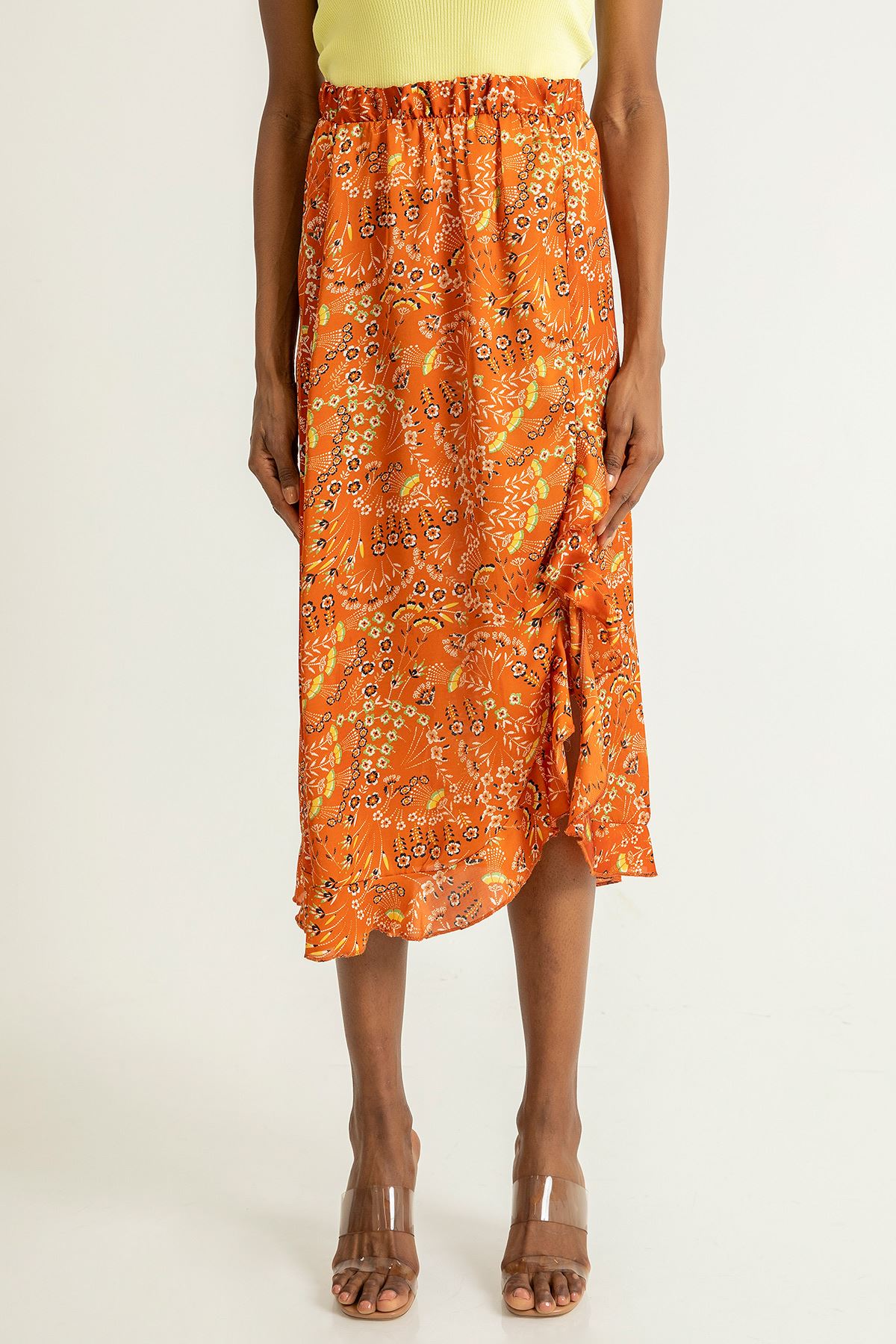 шифон ткань широкая цветочный принтЖенская юбка с воланами - Оранжевый