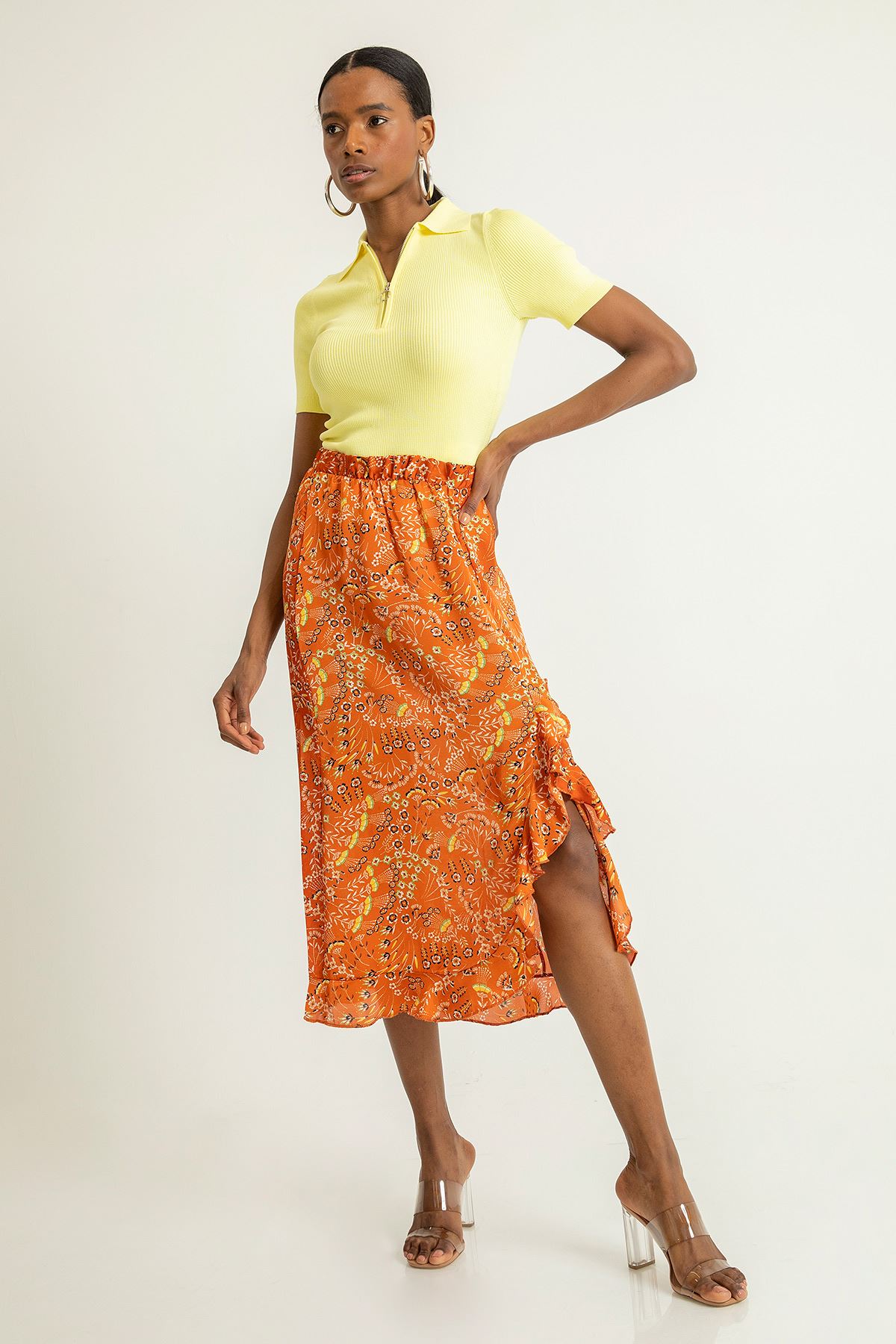 Chiffon Fabric Midi Comfy Fit Floral Print Flywheel Women'S Skirt - Brick 