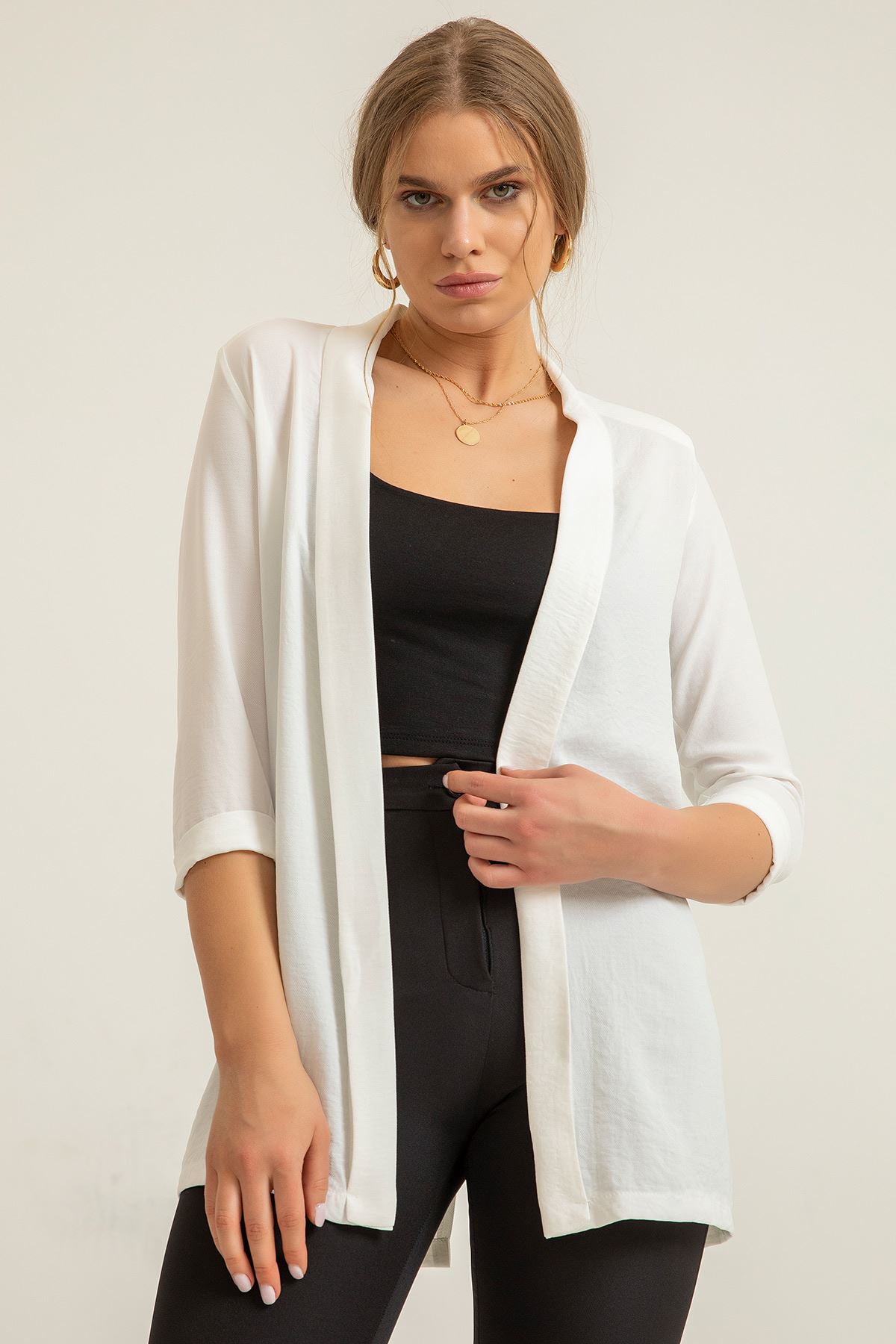 Aerobin Fabric Long Sleeve Shawl Collar Below Hip Women Jacket - Ecru