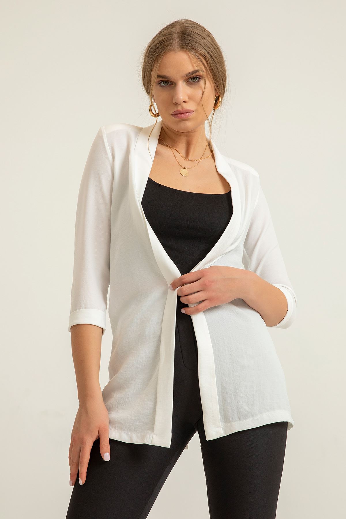 Aerobin Fabric Long Sleeve Shawl Collar Below Hip Women Jacket - Ecru