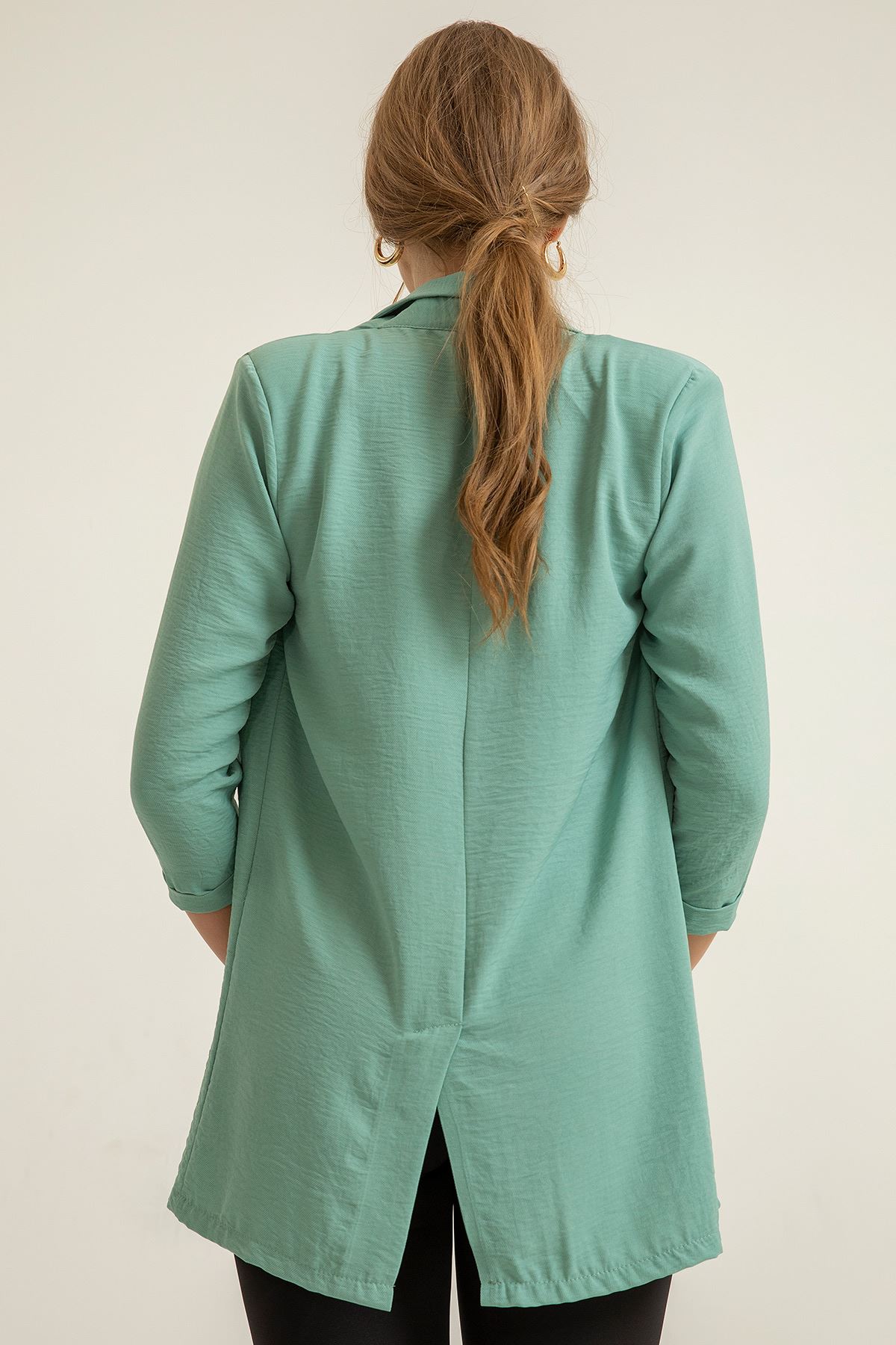 Aerobin Fabric Long Sleeve Shawl Collar Below Hip Women Jacket - Mint