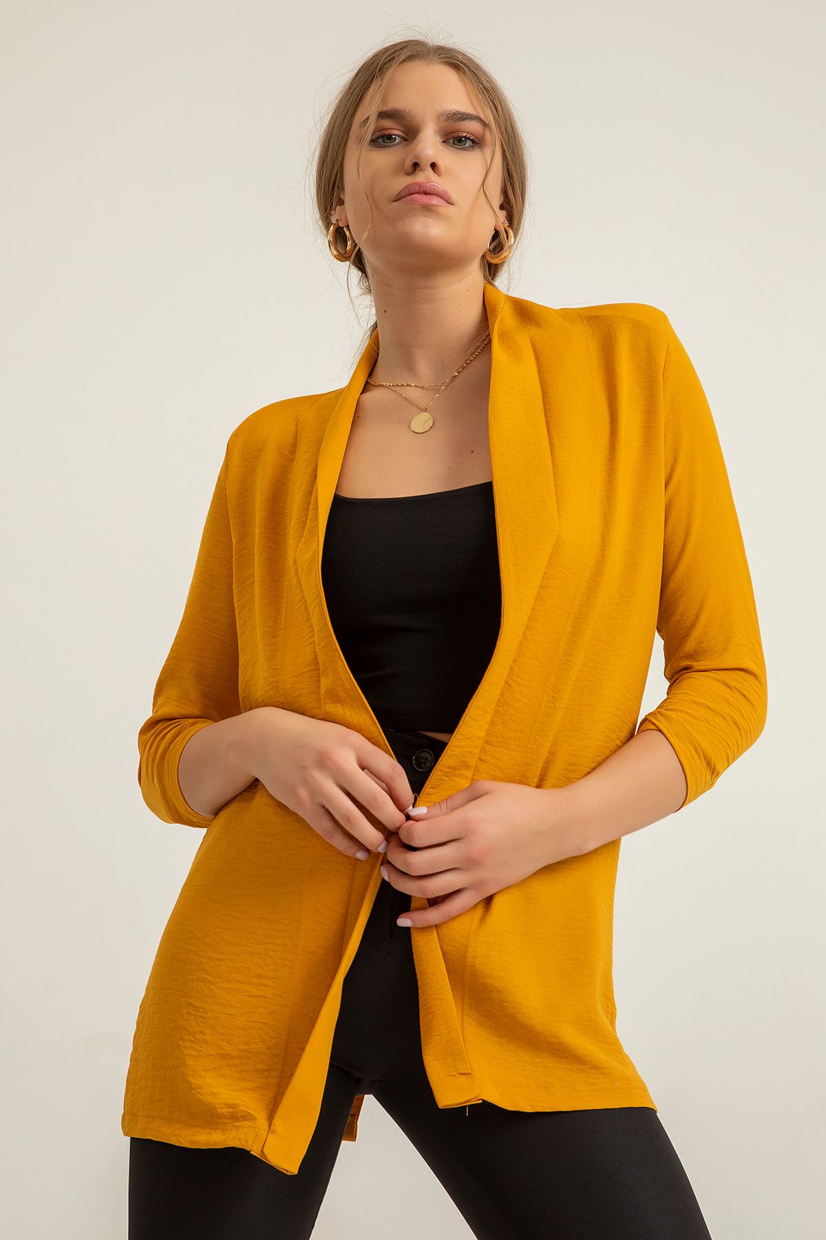 Aerobin Fabric Long Sleeve Shawl Collar Below Hip Women Jacket - Mustard