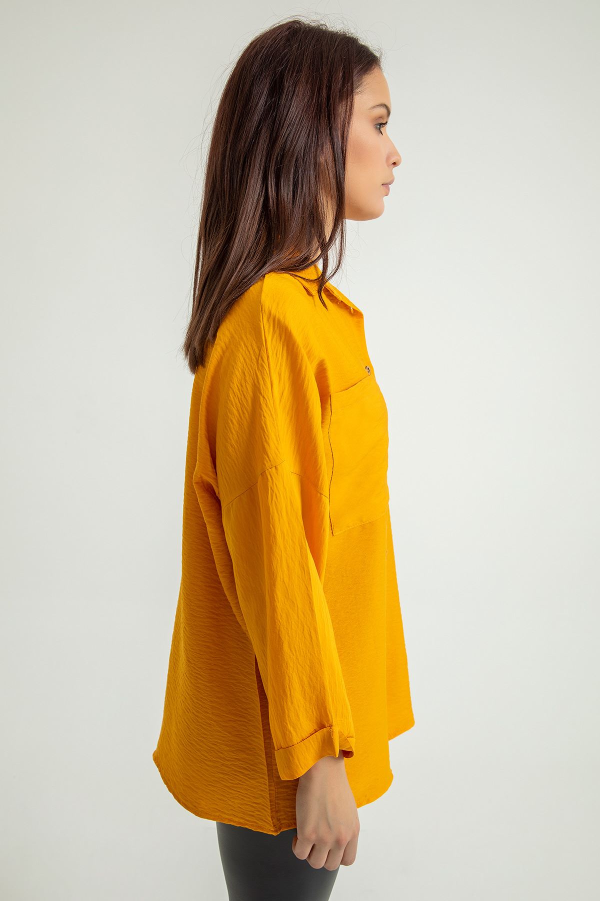 Aerobin Fabric Long Sleeve Shirt Collar Below Hip Oversize Women'S Shirt - Mustard