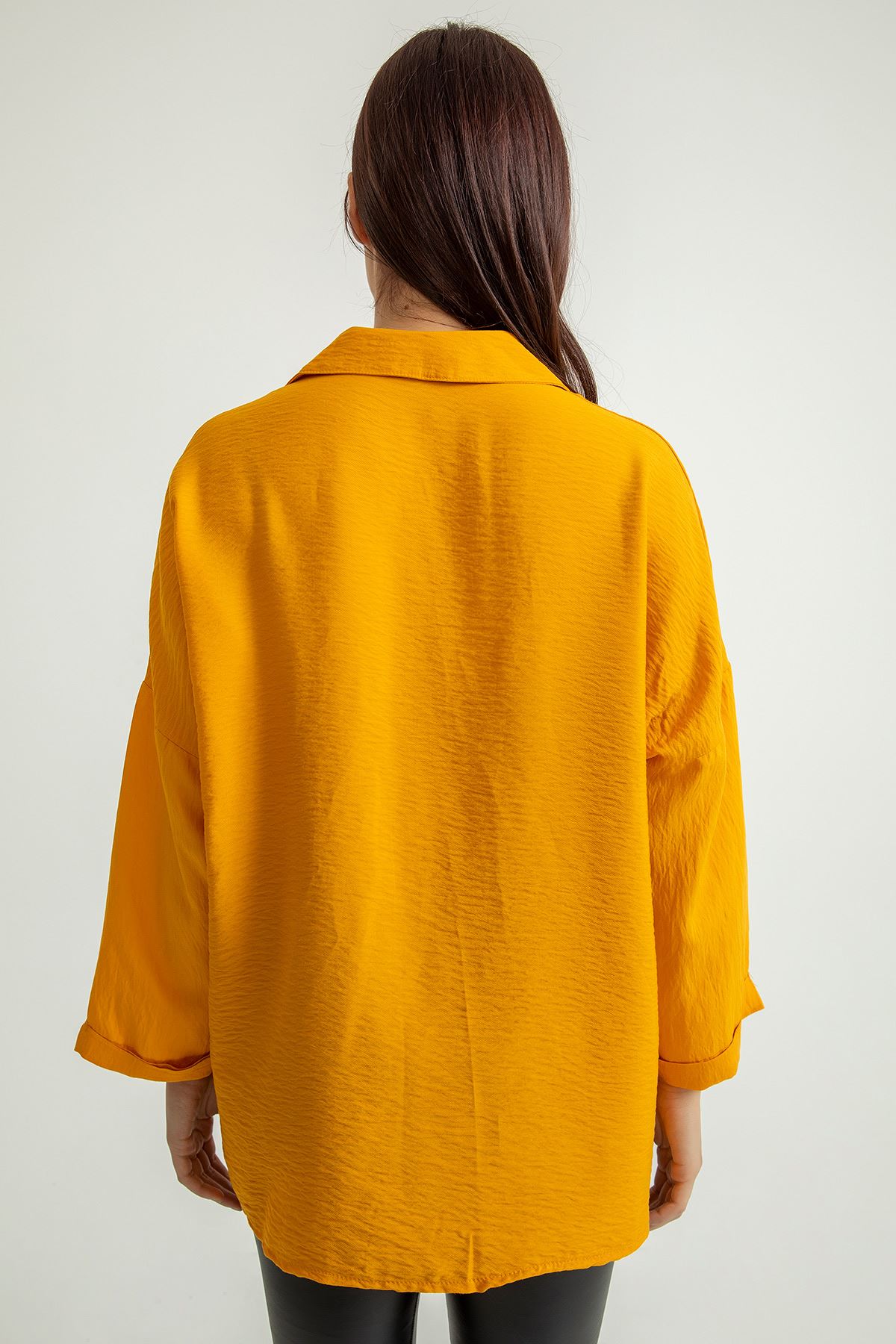 Aerobin Fabric Long Sleeve Shirt Collar Below Hip Oversize Women'S Shirt - Mustard