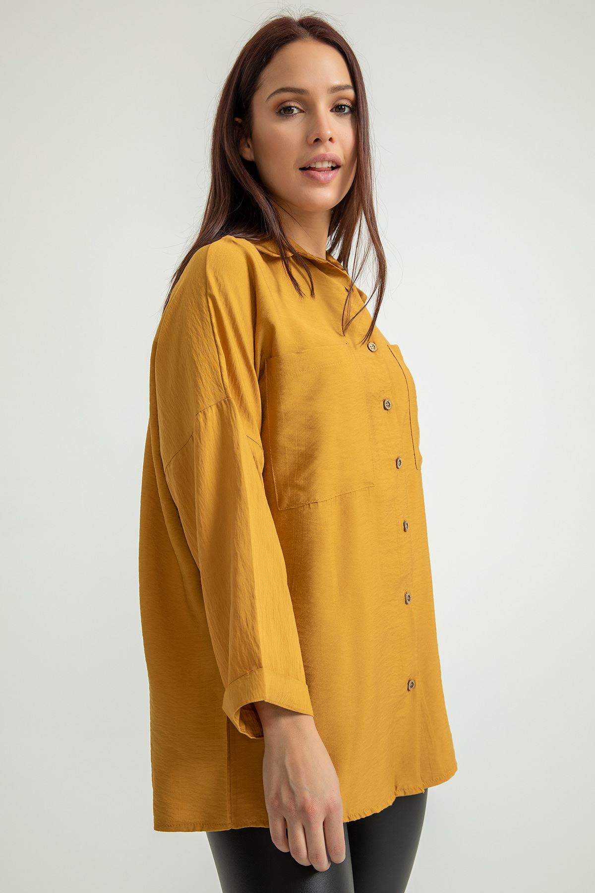 Aerobin Fabric Long Sleeve Shirt Collar Below Hip Oversize Women'S Shirt - Light Brown