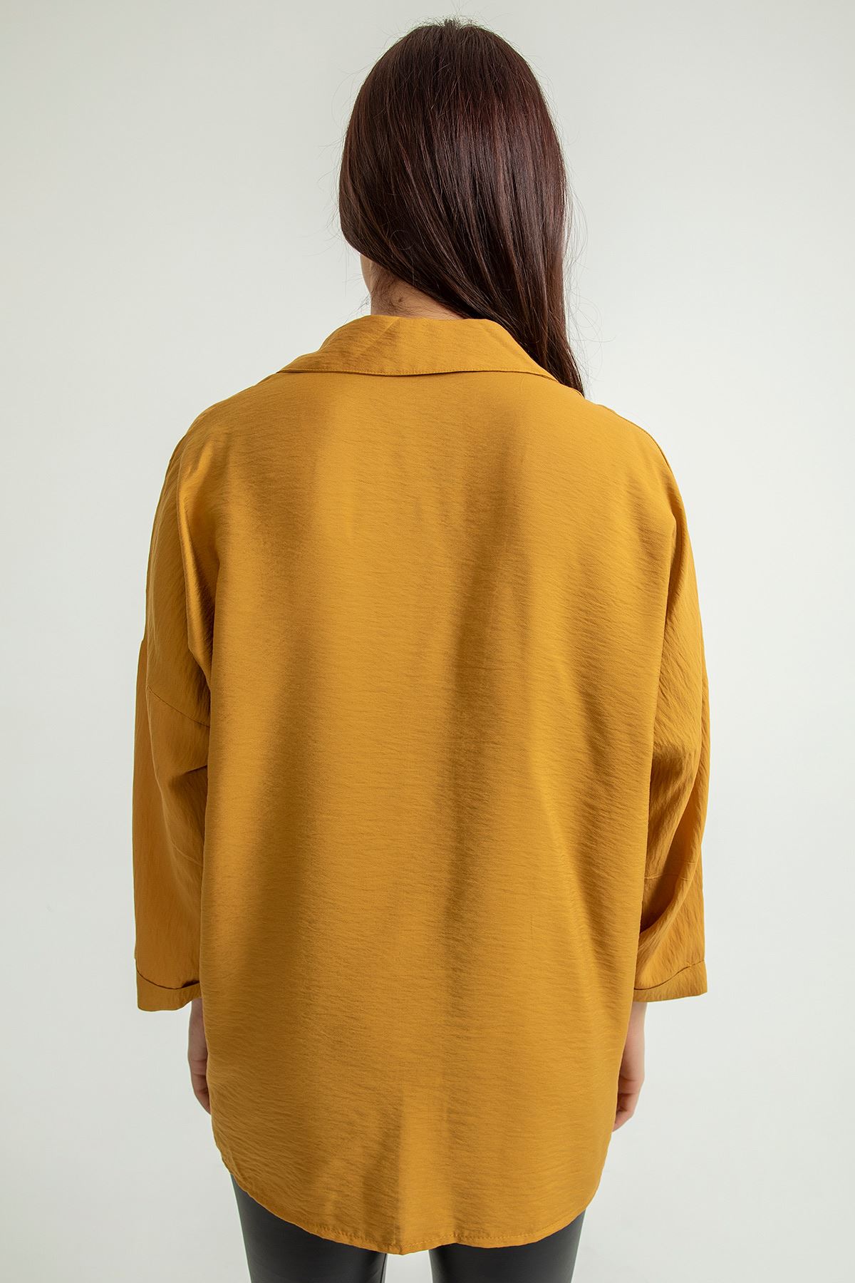 Aerobin Fabric Long Sleeve Shirt Collar Below Hip Oversize Women'S Shirt - Light Brown