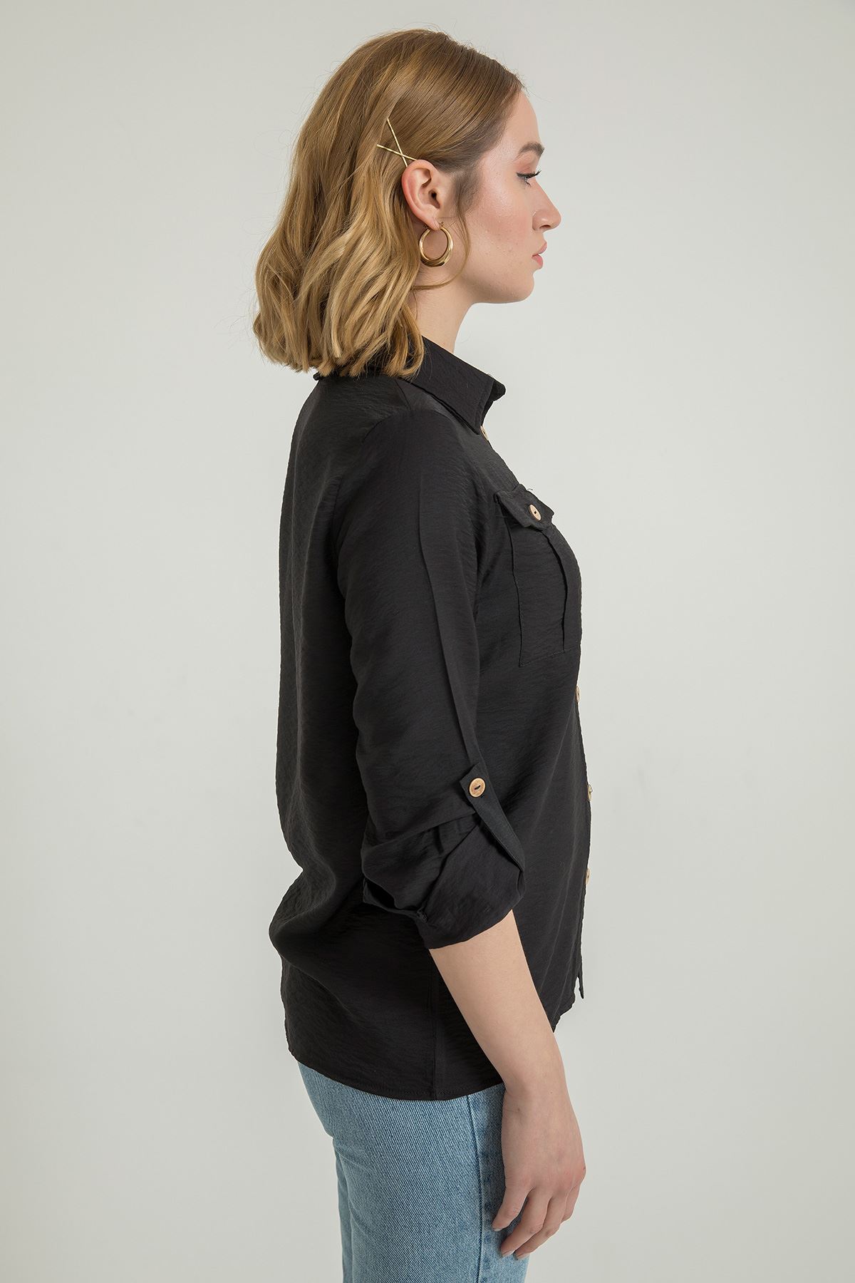 Aerobin Fabric Long Sleeve Shirt Collar Below Hip Full Fit Women'S Shirt - Black