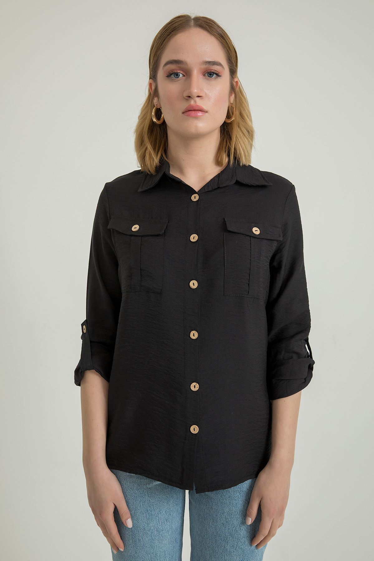 Aerobin Fabric Long Sleeve Shirt Collar Below Hip Full Fit Women'S Shirt - Black