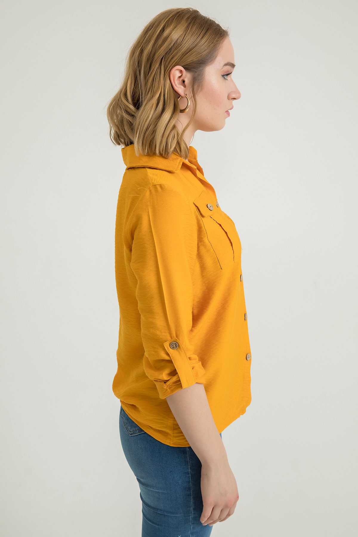 Aerobin Fabric Long Sleeve Shirt Collar Below Hip Full Fit Women'S Shirt - Mustard
