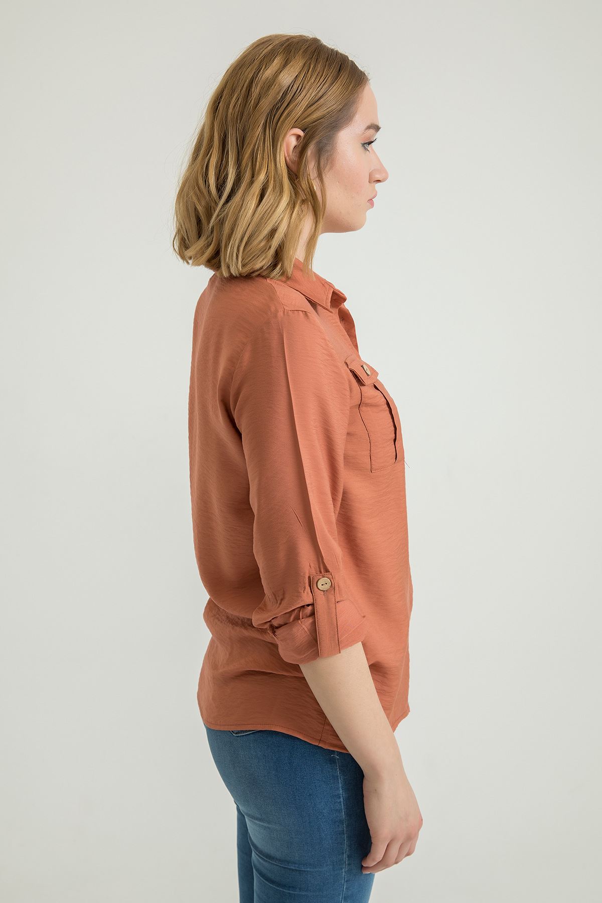 Aerobin Fabric Long Sleeve Shirt Collar Below Hip Full Fit Women'S Shirt - Onion 
