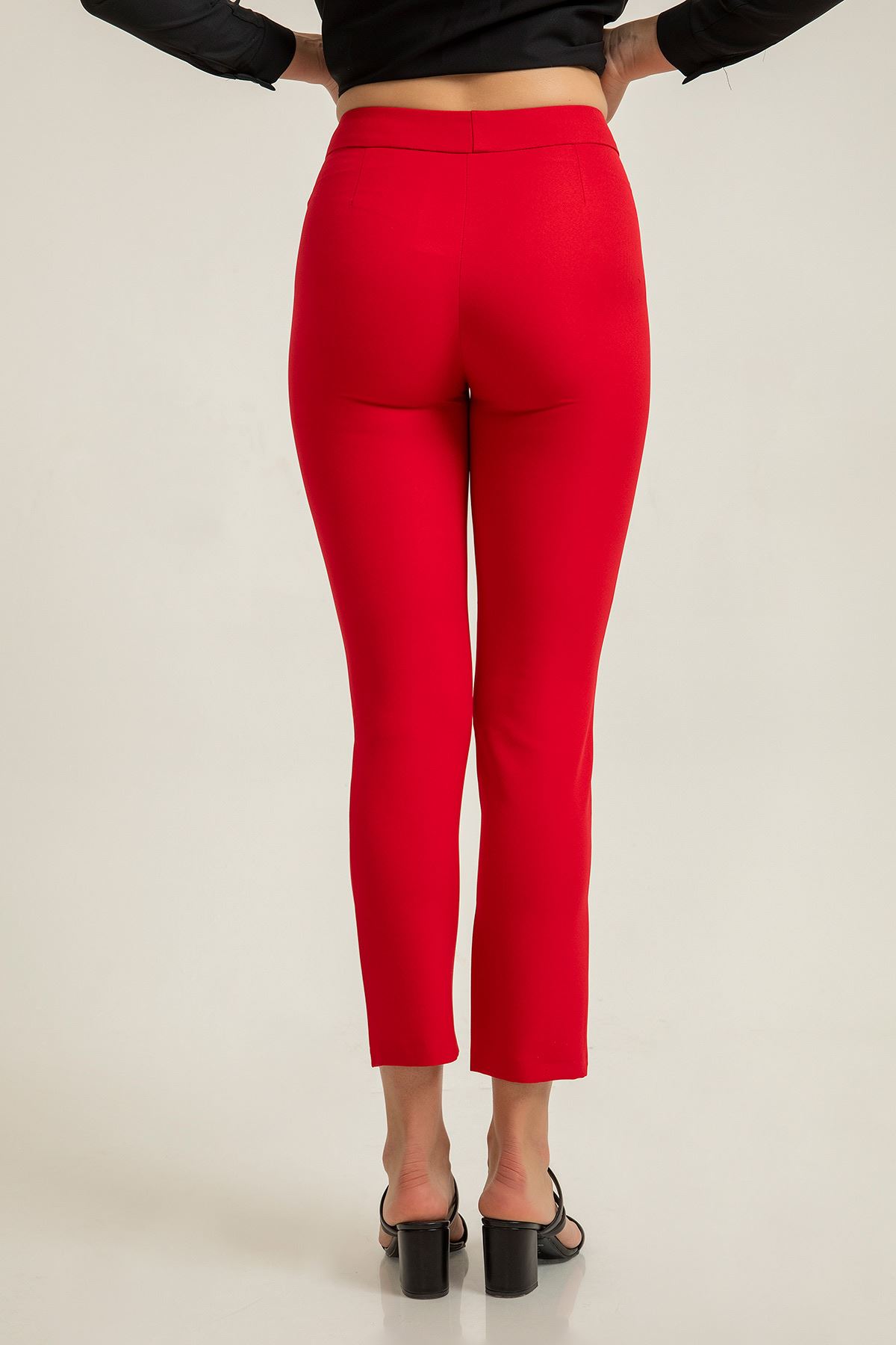 Atlas Fabric Ankle Length Tight Fit Women'S Trouser - Red