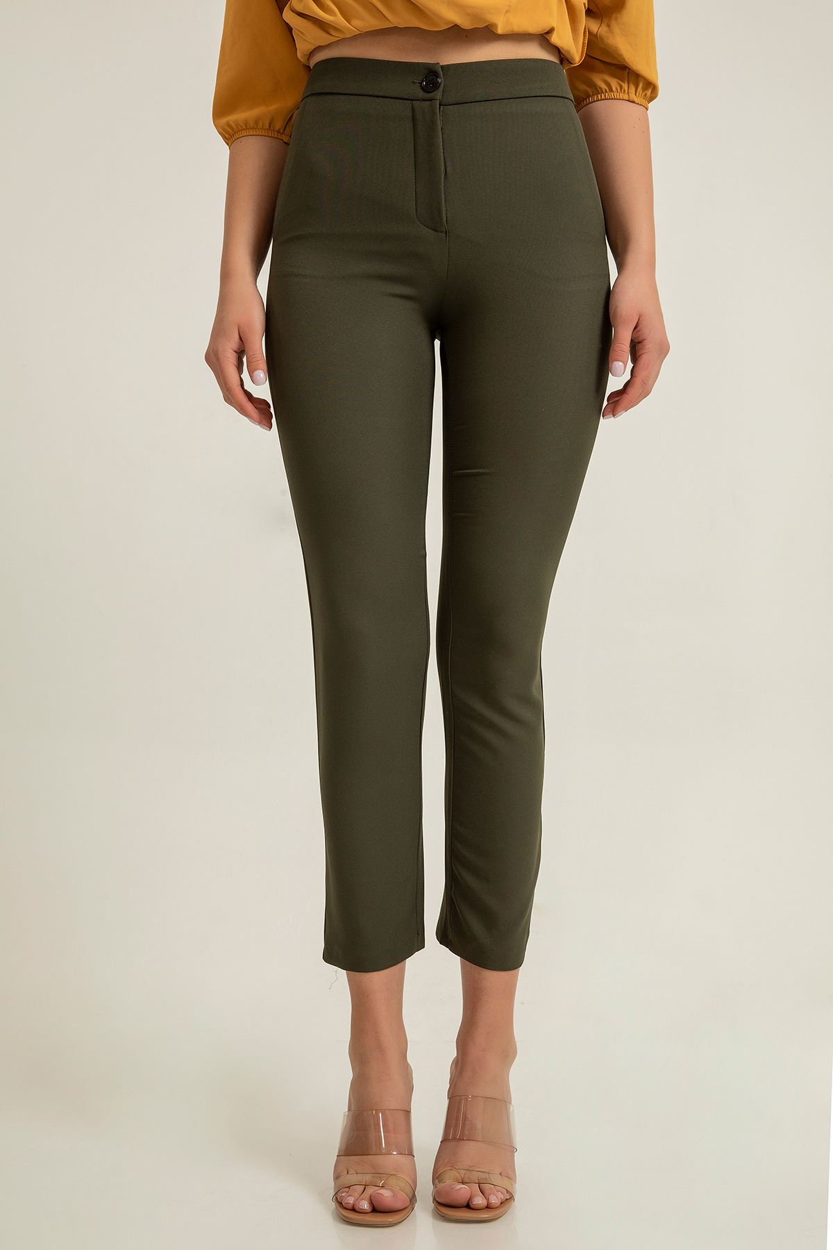 Atlas Fabric Ankle Length Tight Fit Women'S Trouser - Khaki 